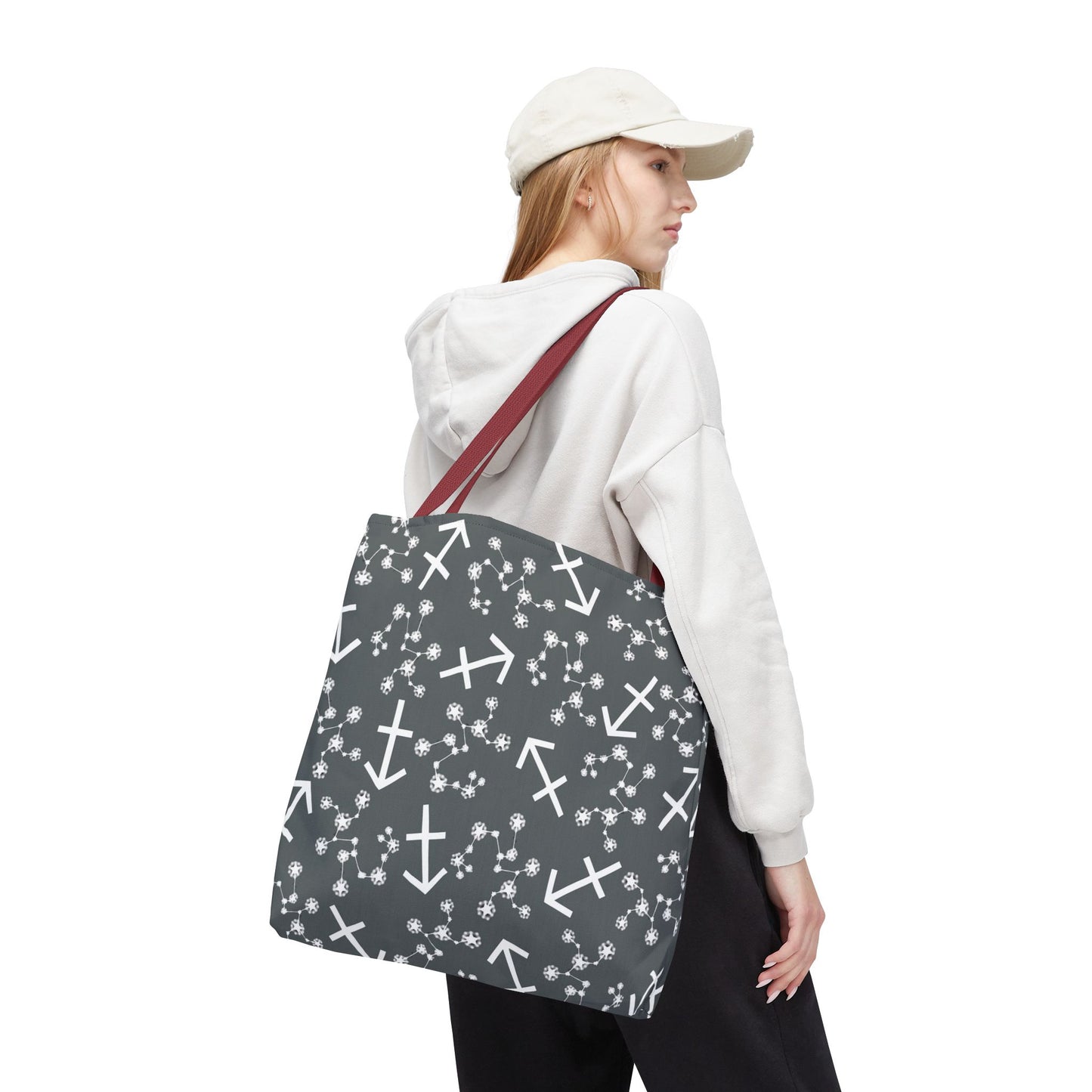 Tote Bag, Sagittarius Zodiac Sign, AOP, (Grey, White Print)