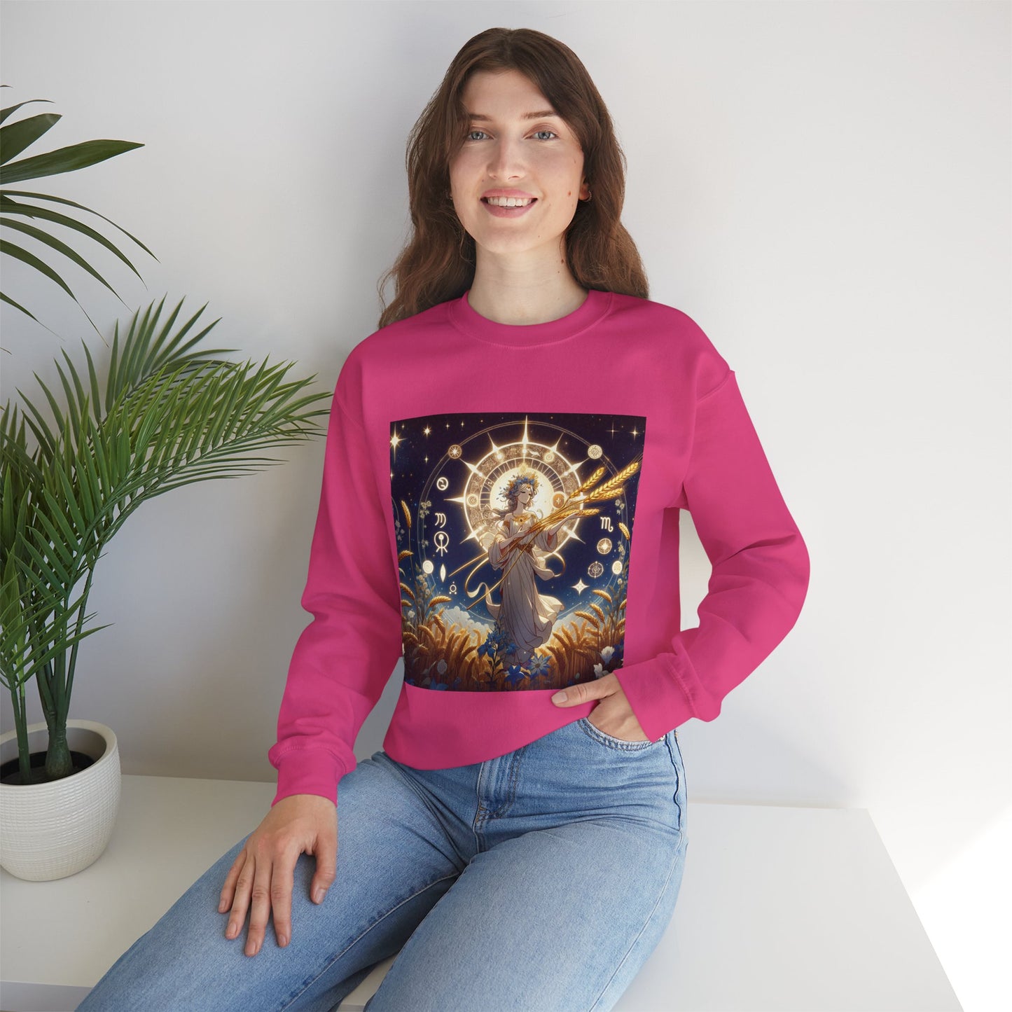 Unisex Heavy Blend™ Crewneck Sweatshirt, anime girl in wheat field, Virgo Zodiac Design