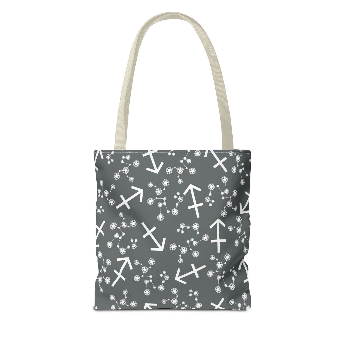Tote Bag, Sagittarius Zodiac Sign, AOP, (Grey, White Print)