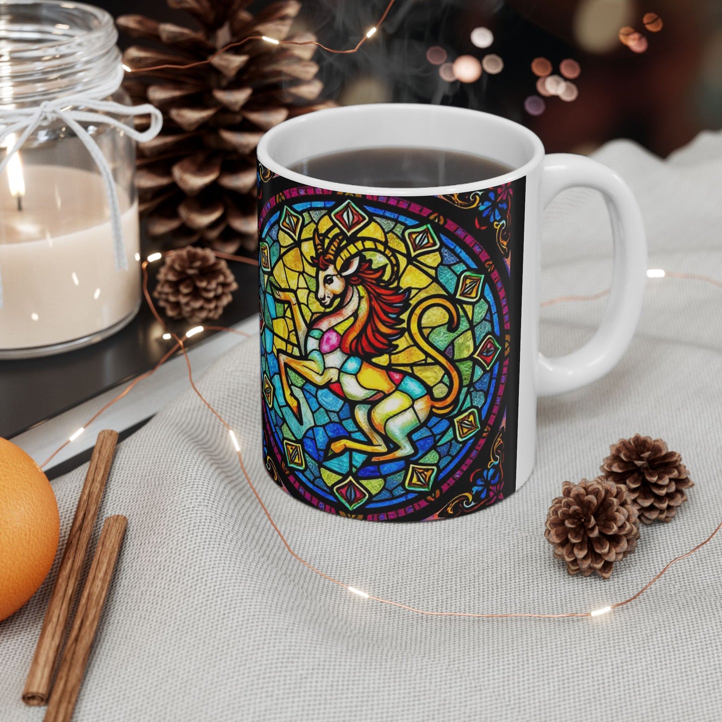 Ceramic Mug, (11oz, 15oz), Ceramic Coffee Mug, AOP, Glass Design v1, Capricorn Zodiac