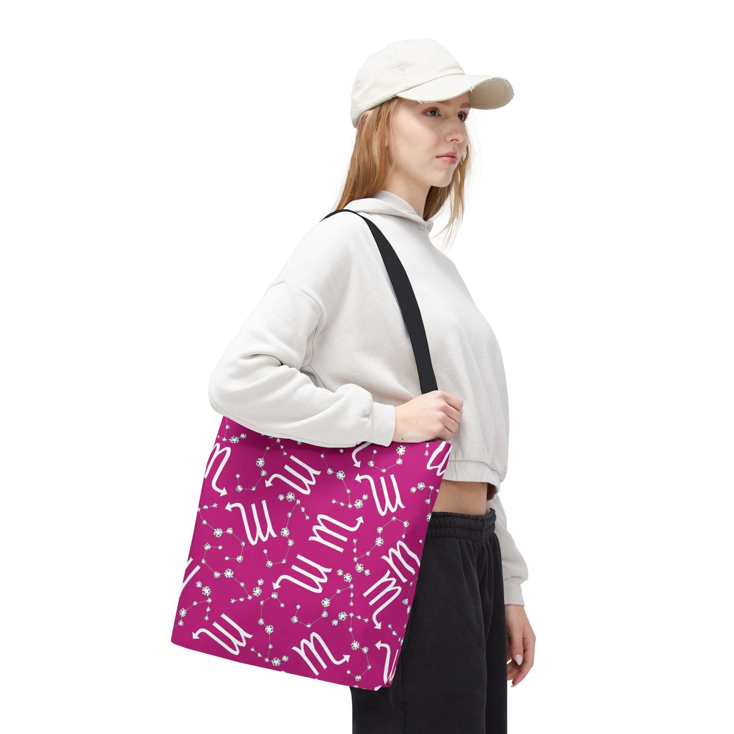 Tote Bag, Scorpio Zodiac Sign, AOP, (Pink, White)