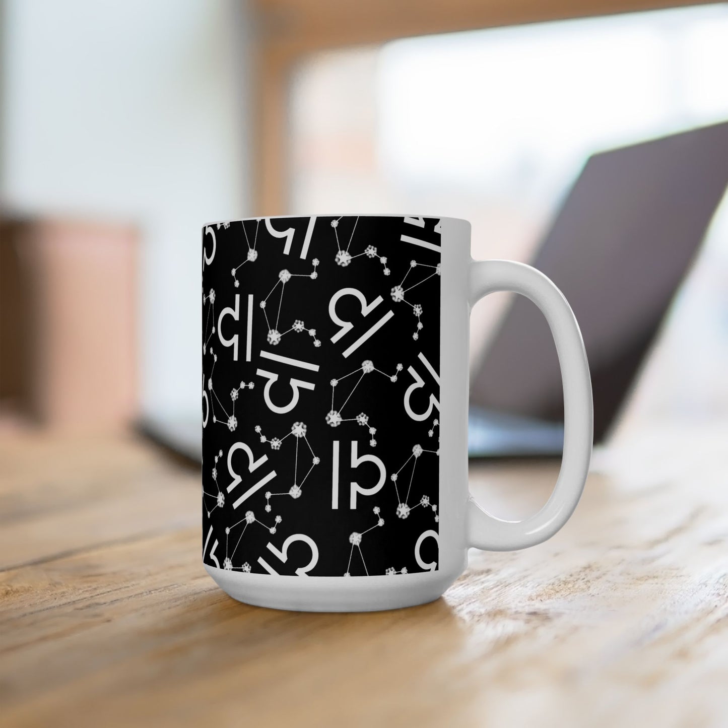 Ceramic Mug, (11oz, 15oz), Ceramic Coffee Mug, Black AOP, Libra Zodiac Design