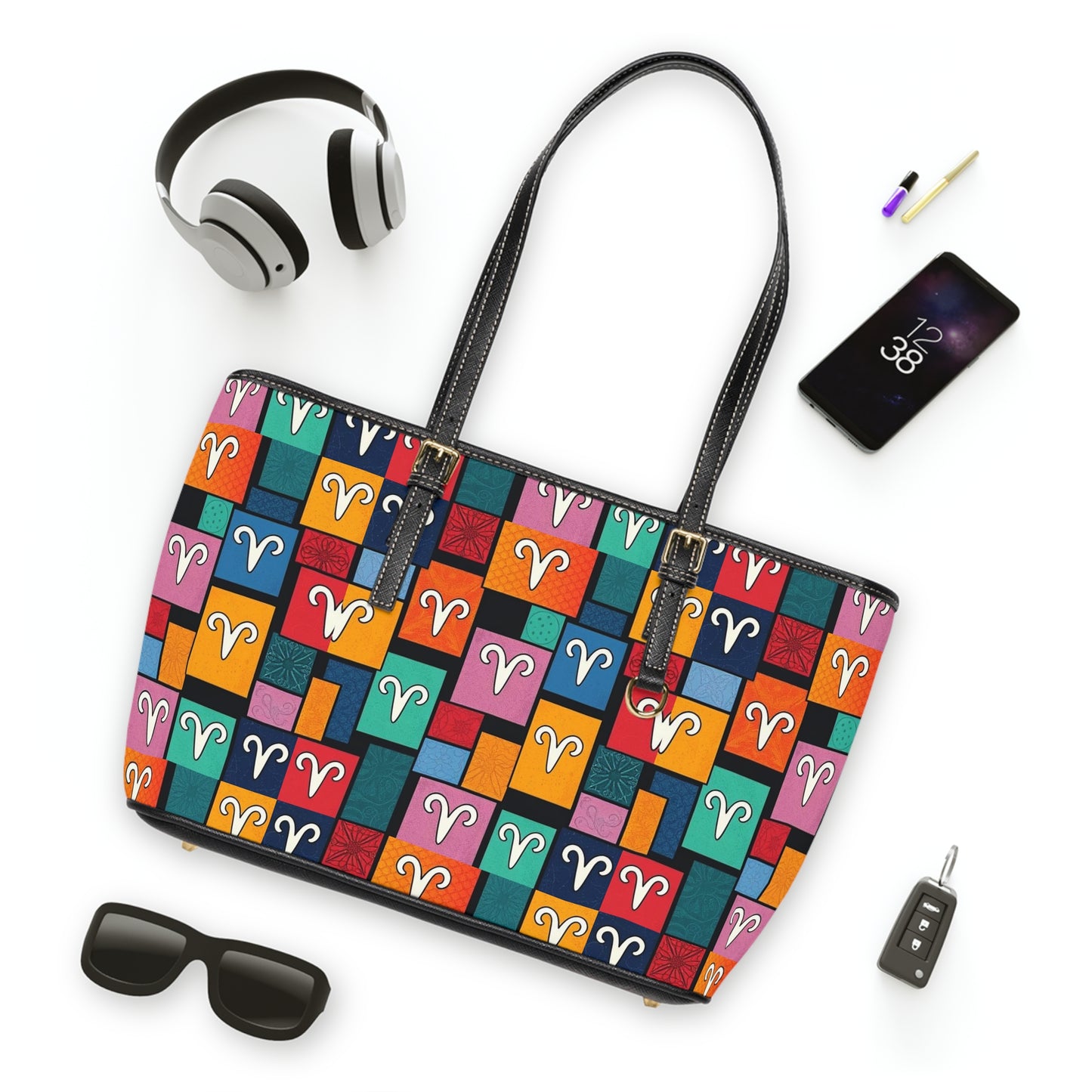 Leather Shoulder Bag, Aries, Zodiac v2, Shapes Pattern
