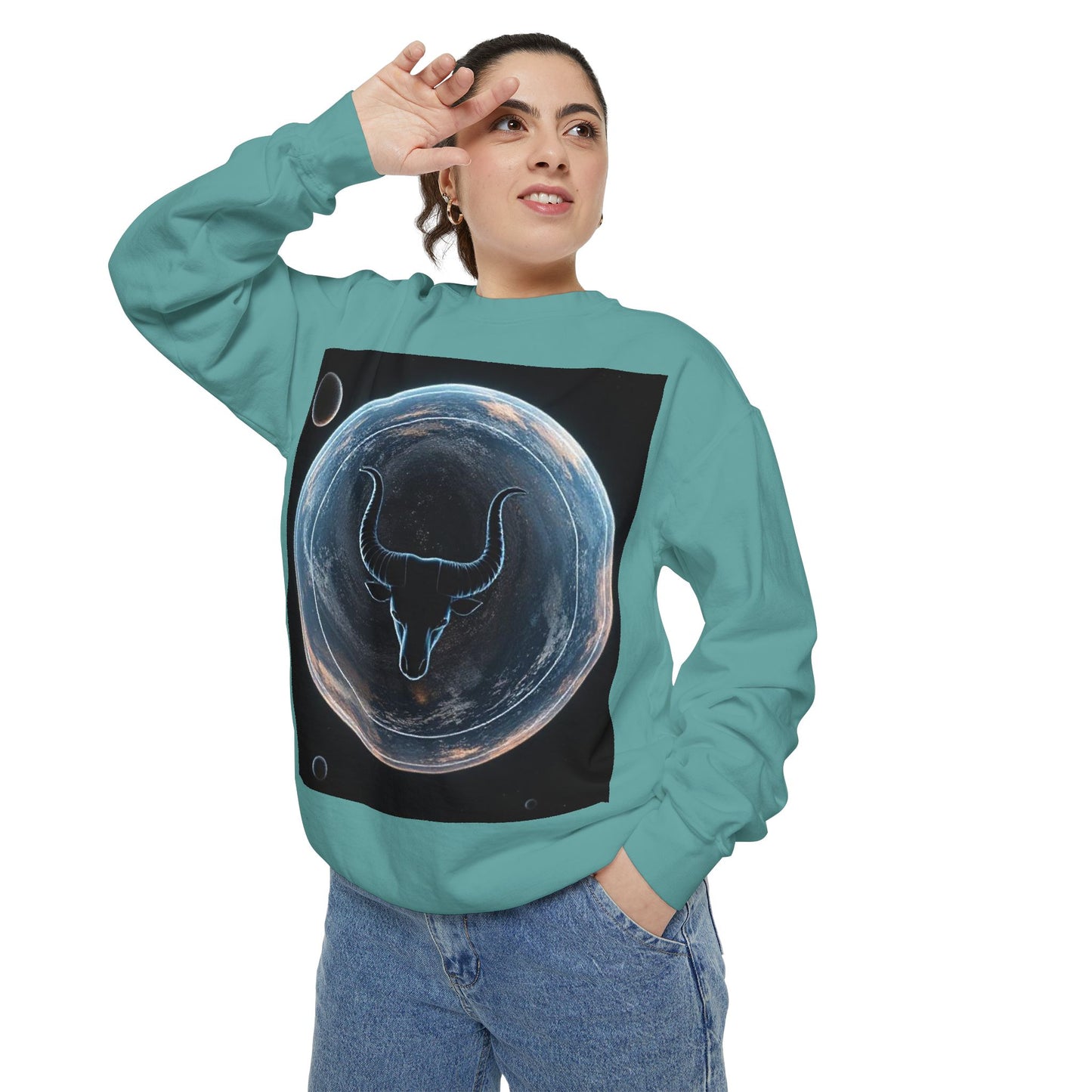 Garment-Dyed Sweatshirt, Unisex, Space Animal Design, Taurus