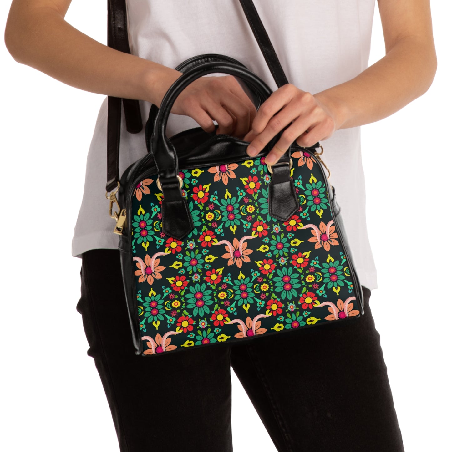 Shoulder Handbag, Aquarius, Zodiac v1, Flower Pattern
