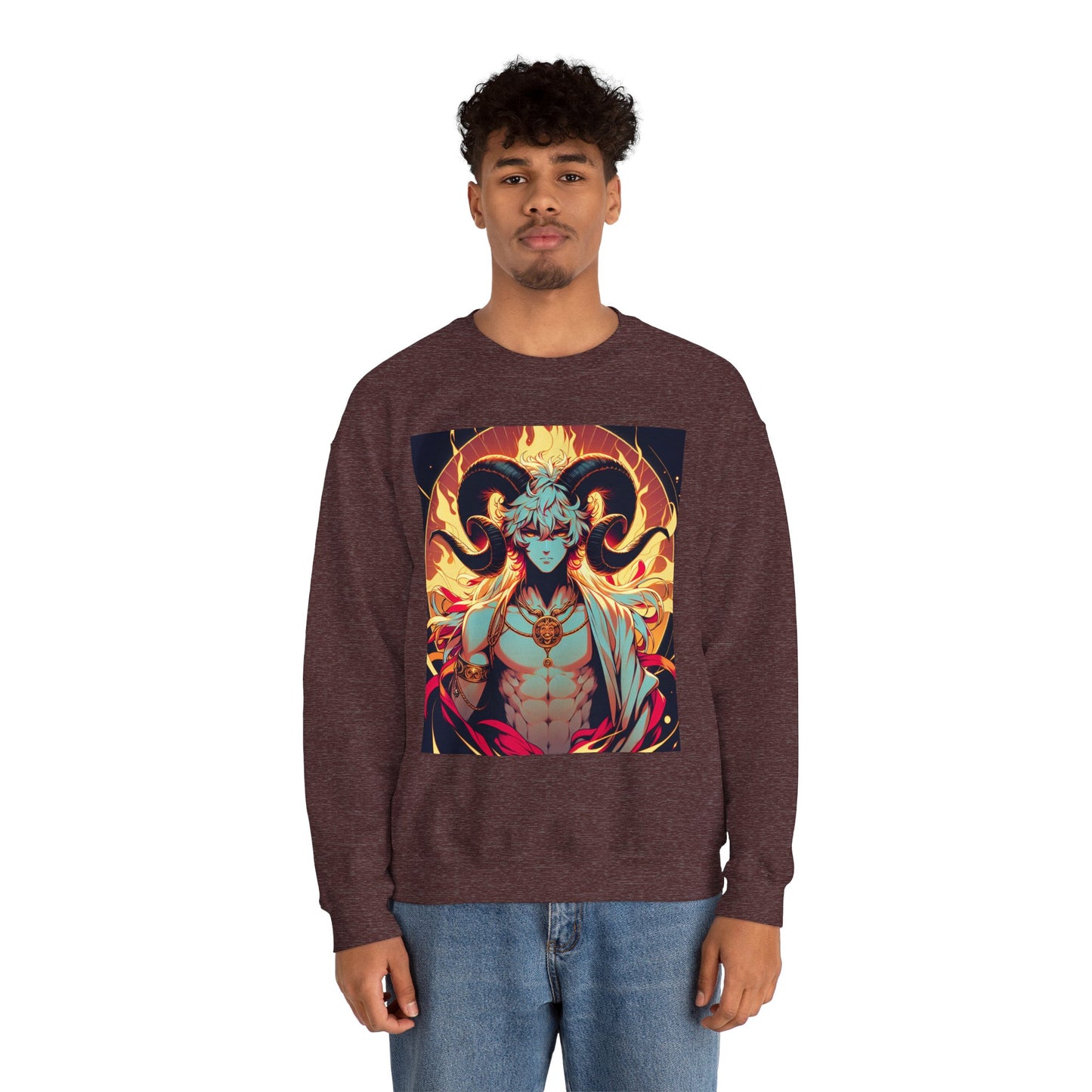 Unisex Heavy Blend™ Crewneck Sweatshirt, Anime Fire Aries, Zodiac Design