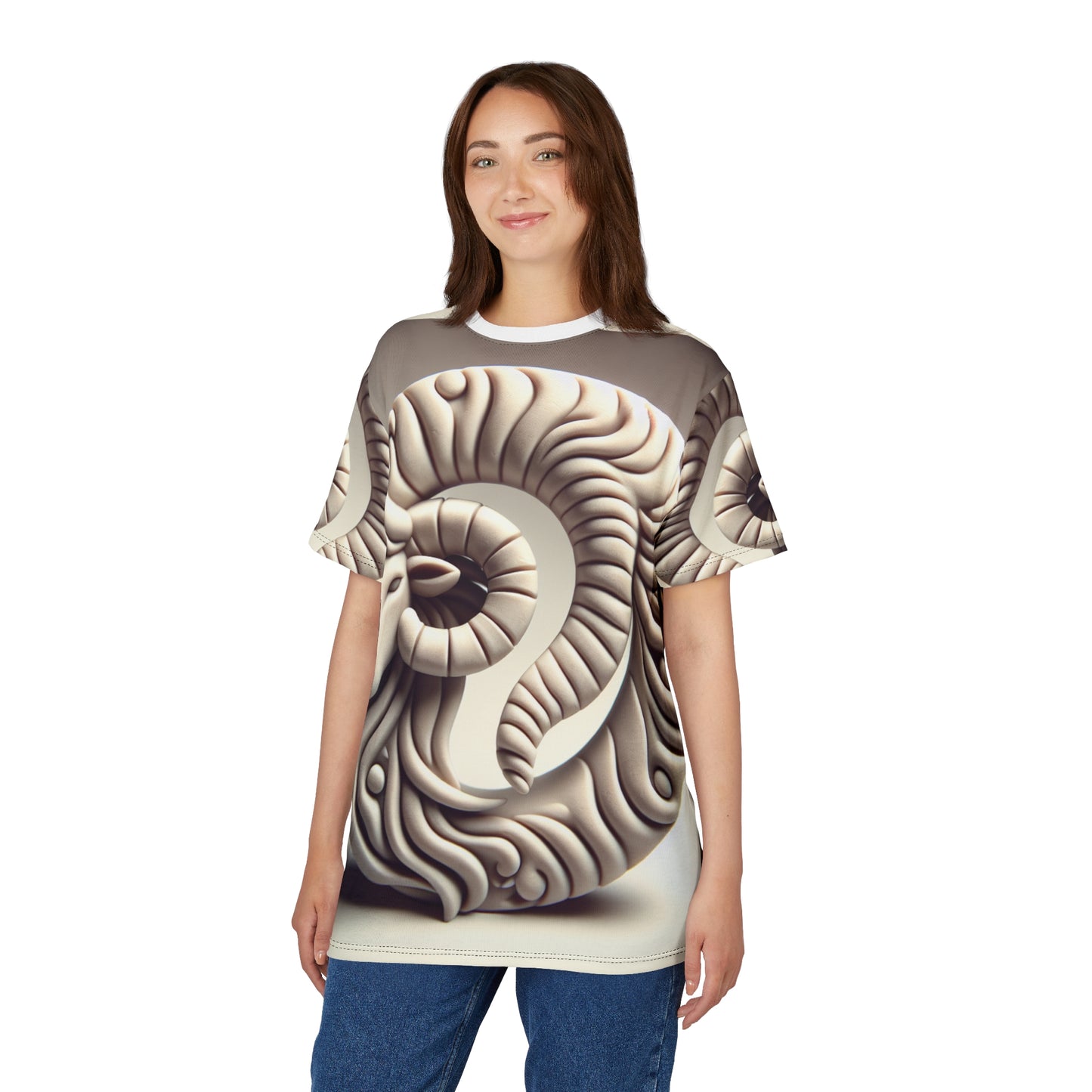 Unisex Cut & Sew T-Shirt (AOP), Stone Carving, Aries Zodiac Design, Regular fit, 100% Polyester