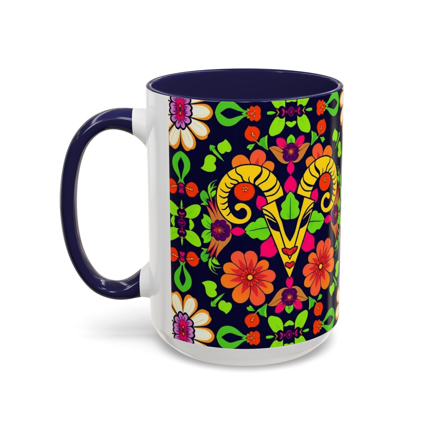 Accent Coffee Mug, Aries, Zodiac v2, Flower Pattern, (11, 15oz)