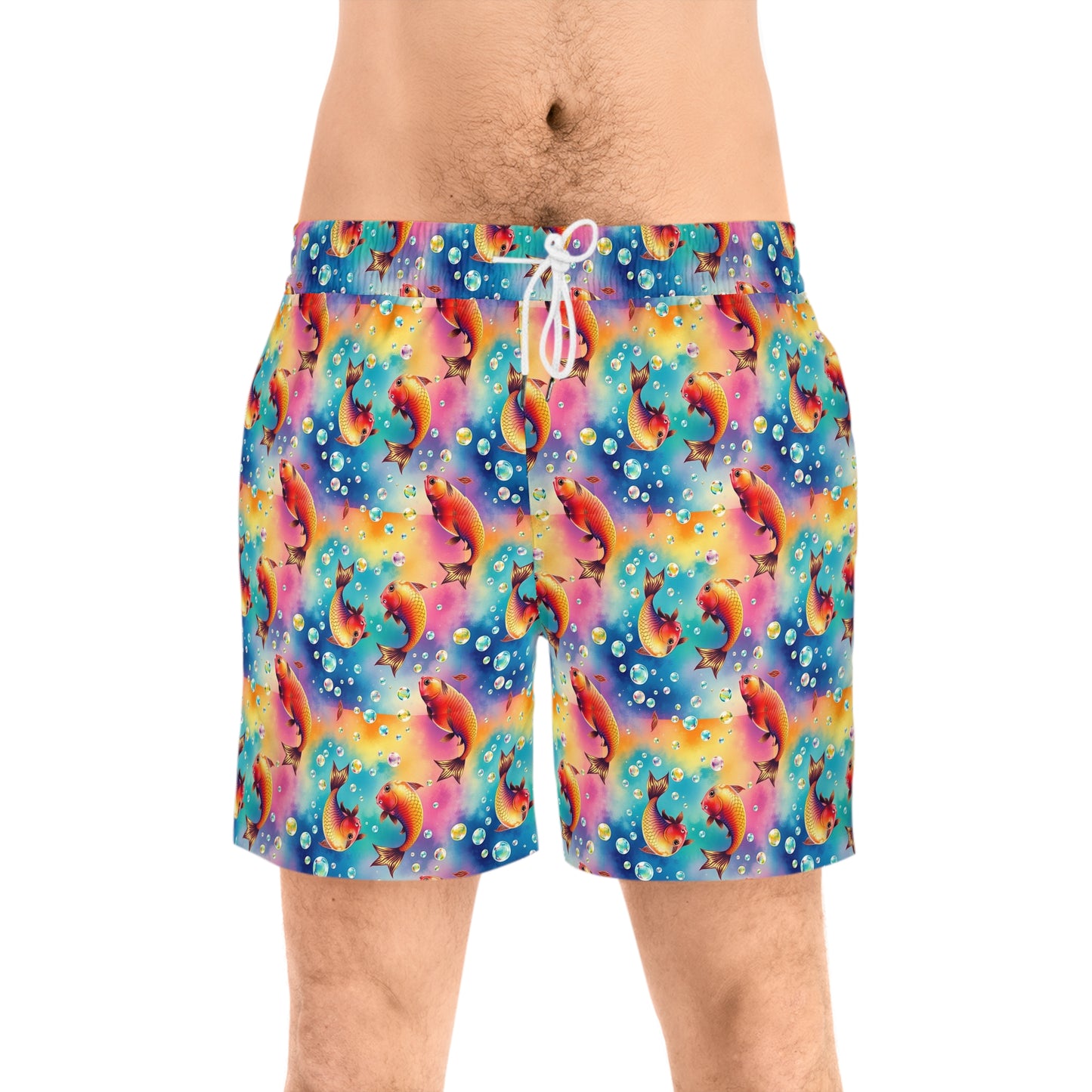 Men's Mid-Length Swim Shorts, (AOP), Pisces, Zodiac v1, Bubble Pattern