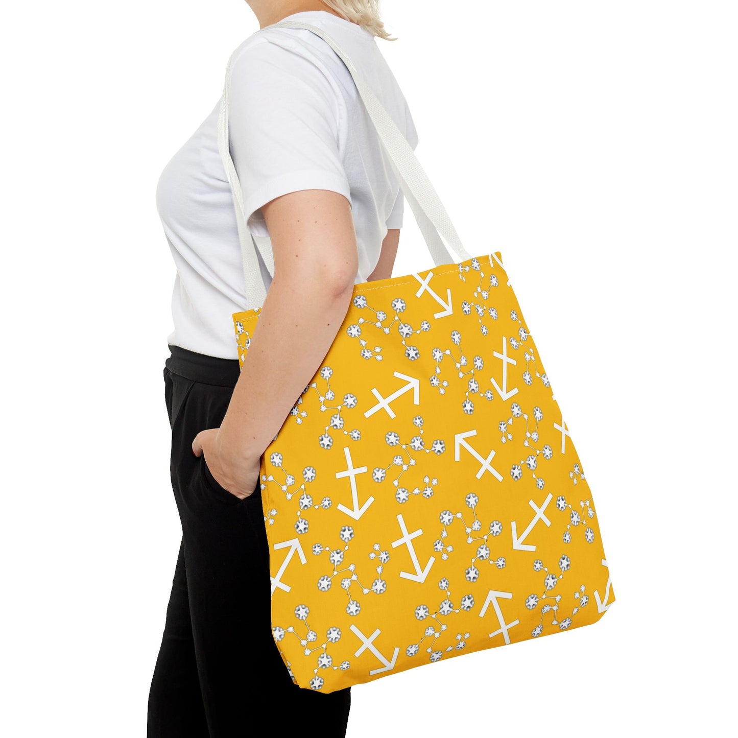 Tote Bag, Sagittarius Zodiac Sign, AOP, (Yellow, White Print)