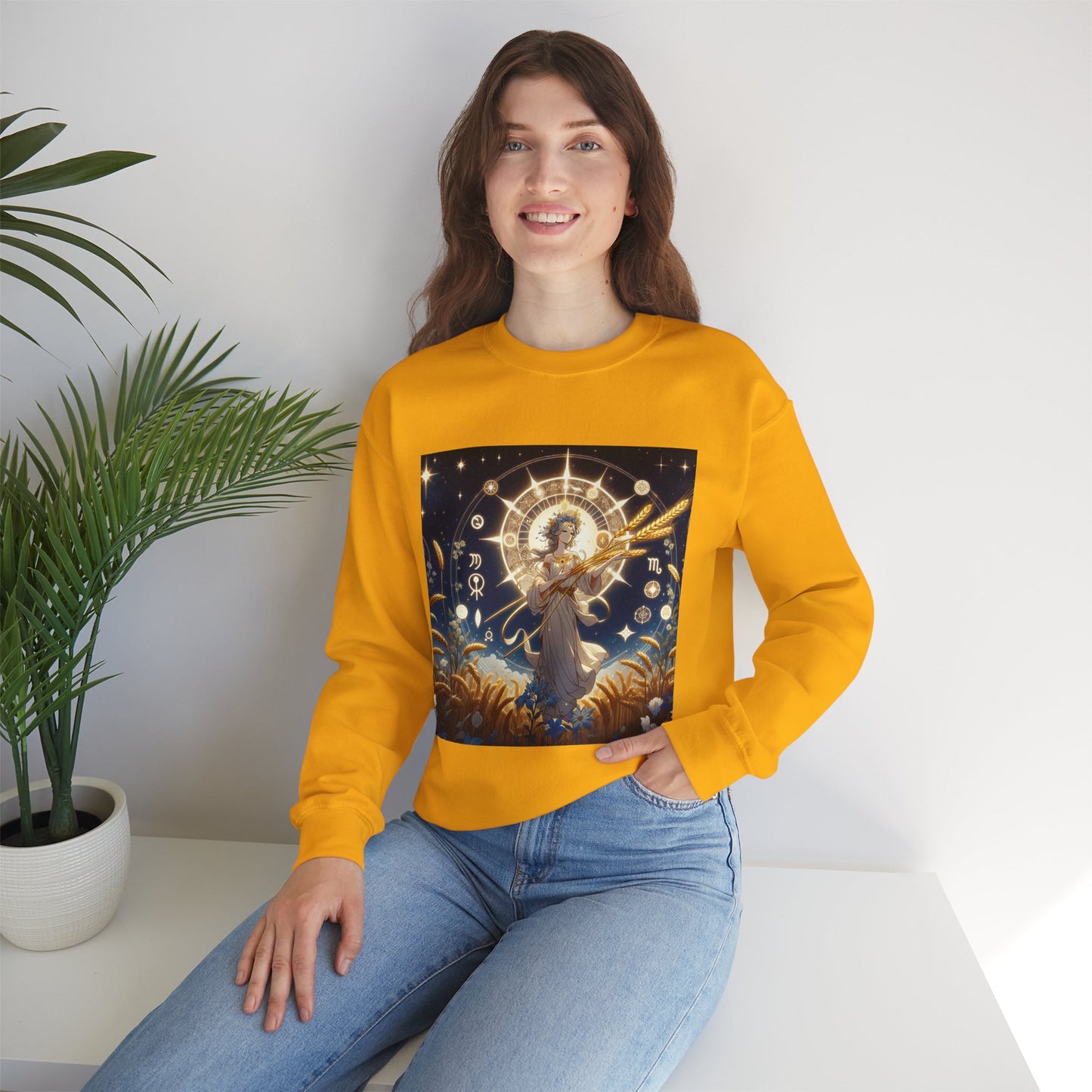 Unisex Heavy Blend™ Crewneck Sweatshirt, anime girl in wheat field, Virgo Zodiac Design