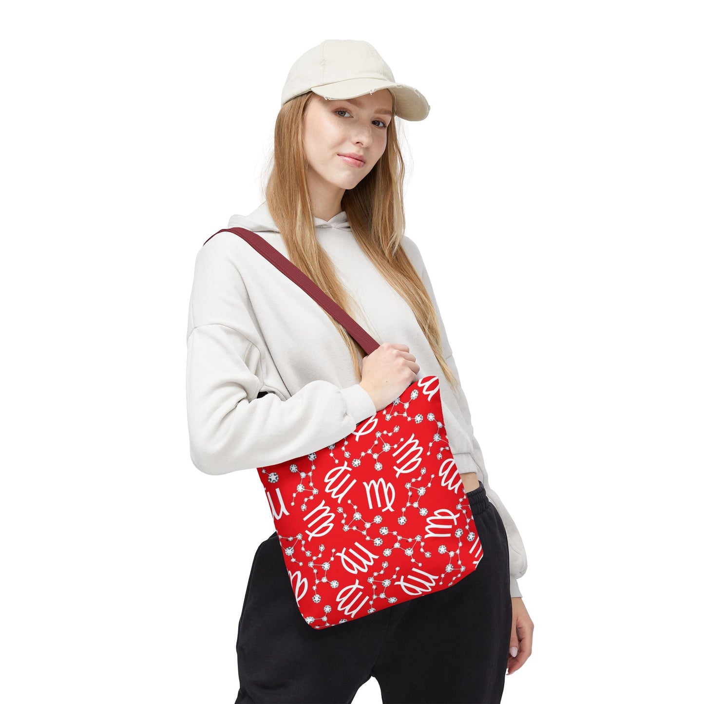 Tote Bag, Virgo Zodiac Sign, AOP, (Red, White)
