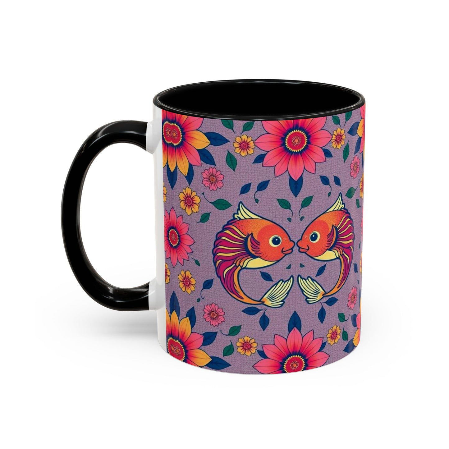 Accent Coffee Mug, Pisces, Zodiac v2, Flower Pattern, (11, 15oz)