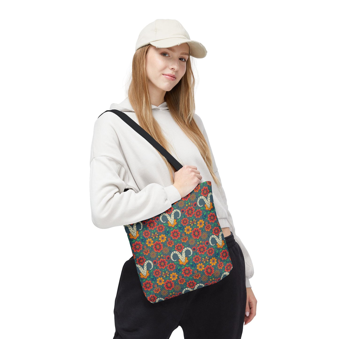 Tote Bag, (AOP), Aries, Zodiac v1, Flower Pattern