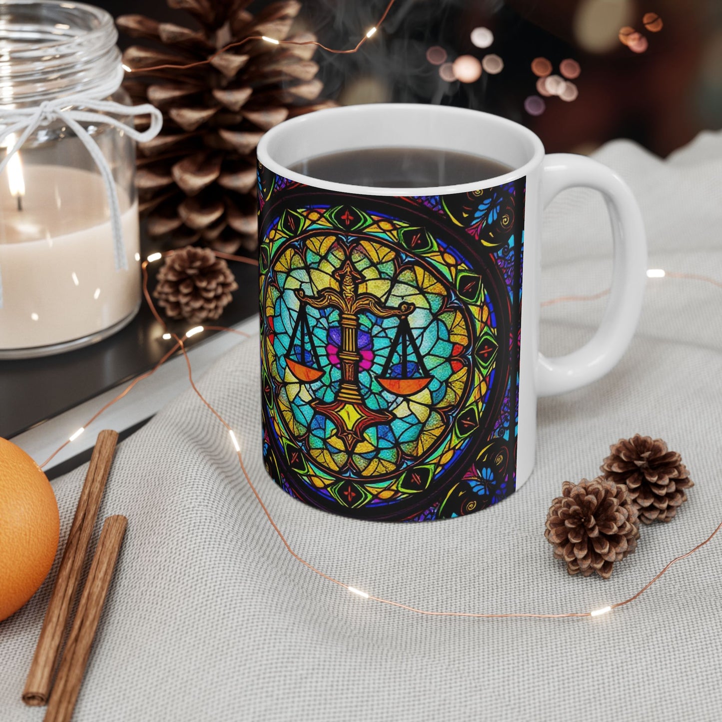 Ceramic Mug, (11oz, 15oz), Ceramic Coffee Mug, AOP, Glass Design v1, Libra Zodiac