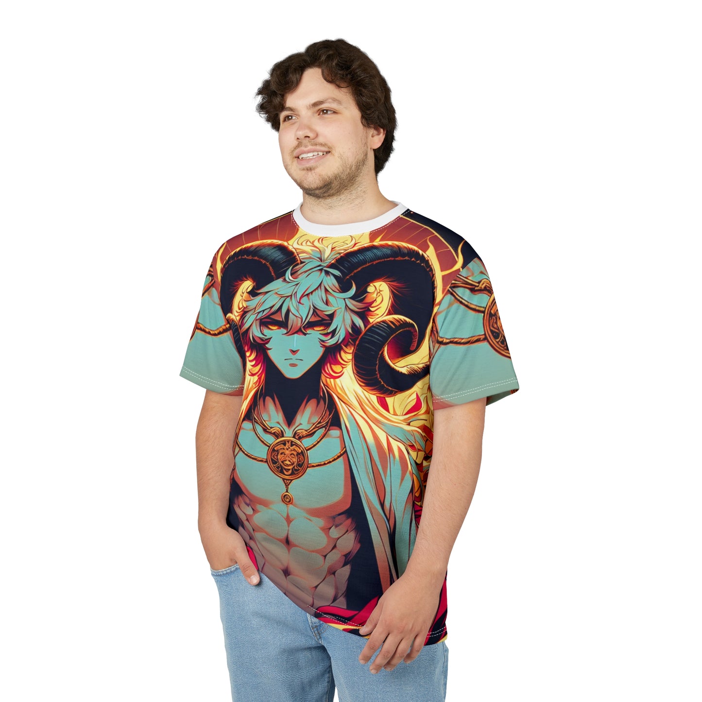 Unisex Cut & Sew T-Shirt (AOP), Anime Character, Aries Zodiac Design, Regular fit, 100% Polyester