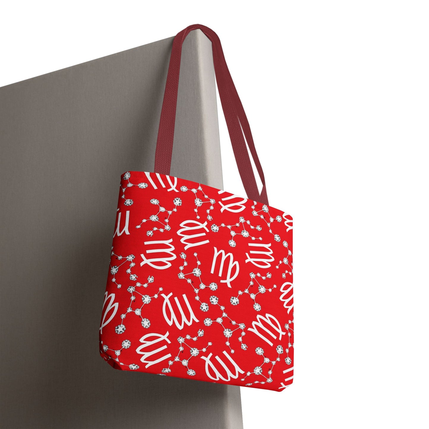 Tote Bag, Virgo Zodiac Sign, AOP, (Red, White)