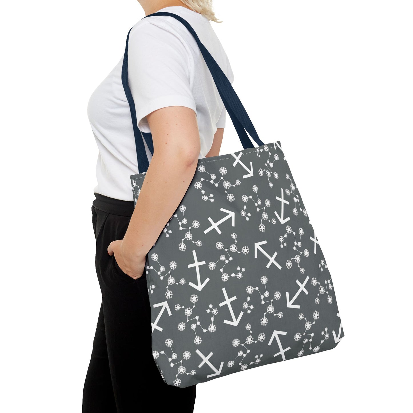 Tote Bag, Sagittarius Zodiac Sign, AOP, (Grey, White Print)