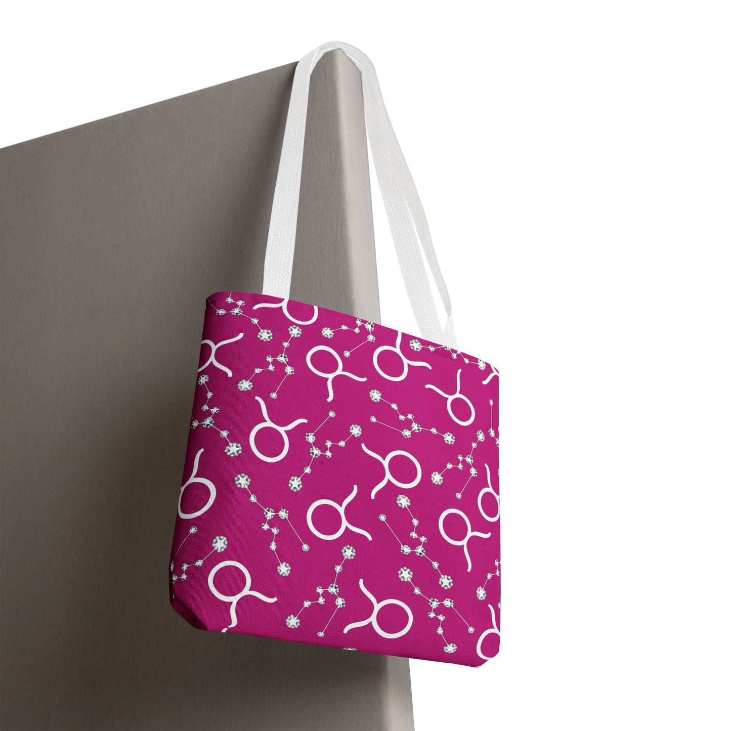 Tote Bag, Taurus Zodiac Sign, AOP, (Pink, White)