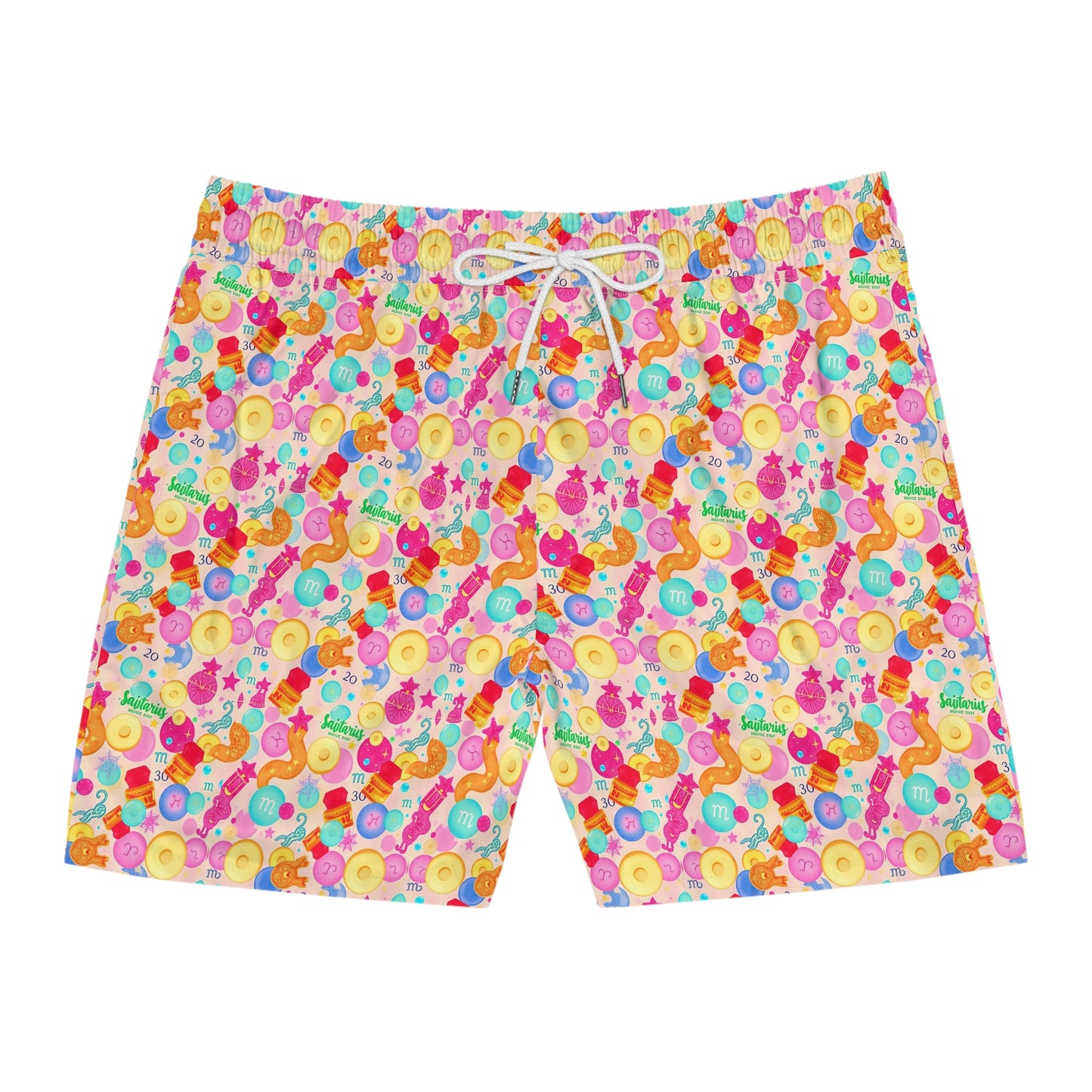 Men's Mid-Length Swim Shorts, (AOP), Sagittarius, Zodiac v1, Bubble Pattern