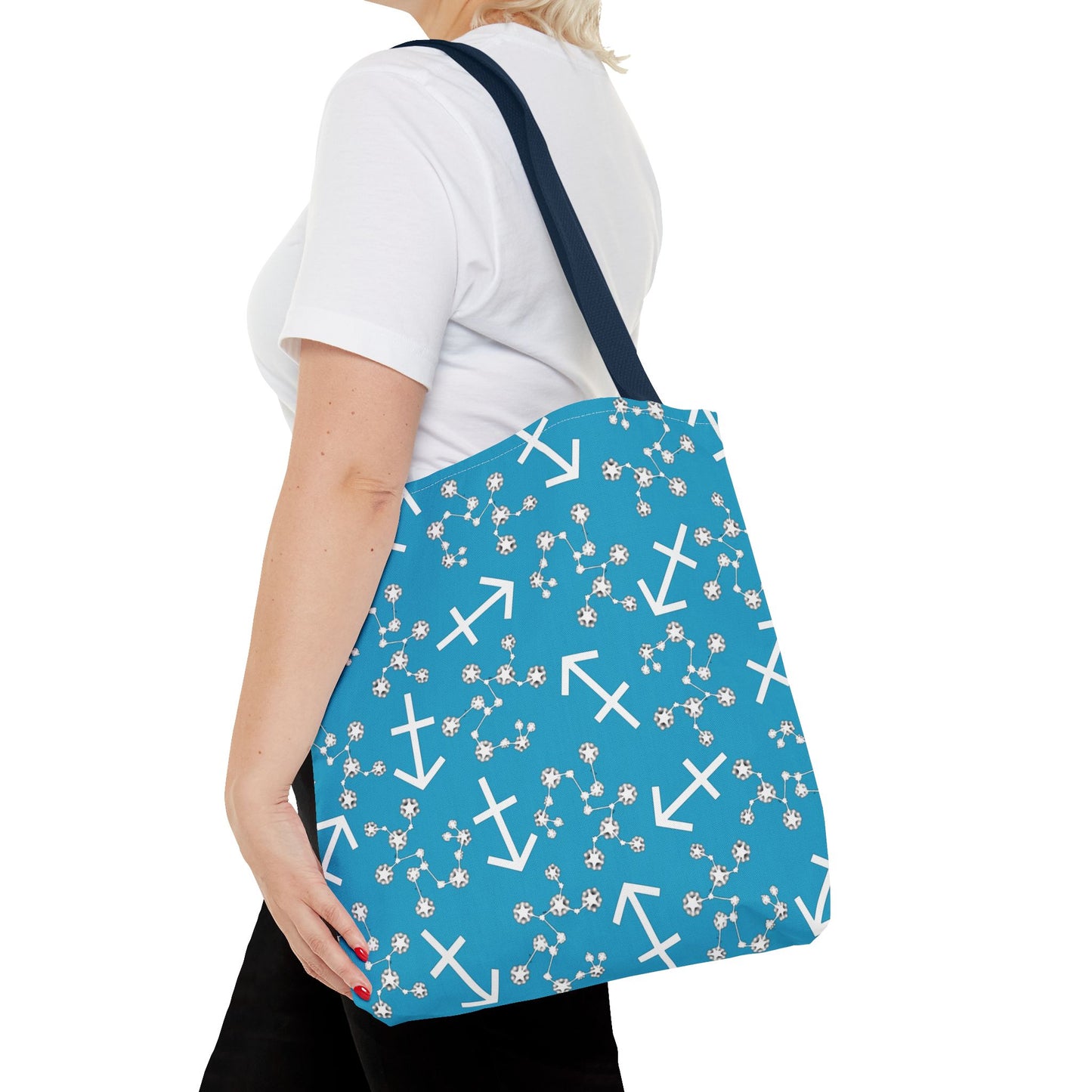 Tote Bag, Sagittarius Zodiac Sign, AOP, (Turquoise, White Print)
