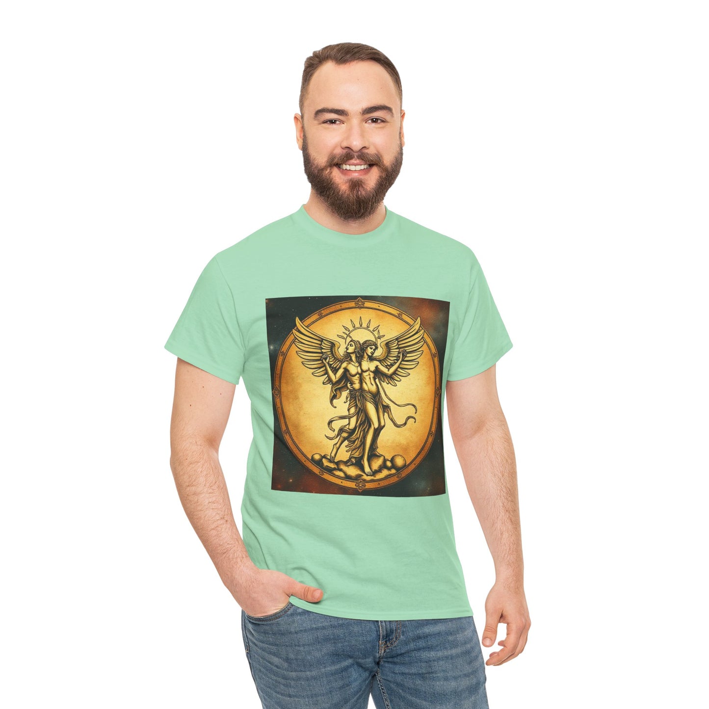 Unisex Heavy Cotton T-Shirt, Twin Angel v1, Gemini Zodiac Design