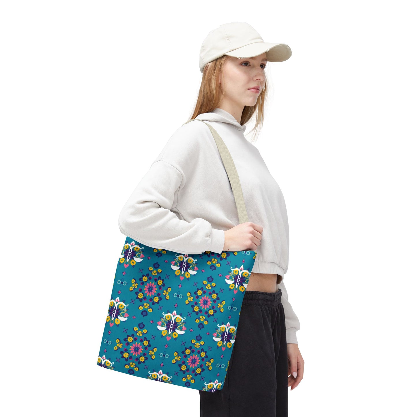 Tote Bag (AOP), Libra, Zodiac v1, Flower Pattern