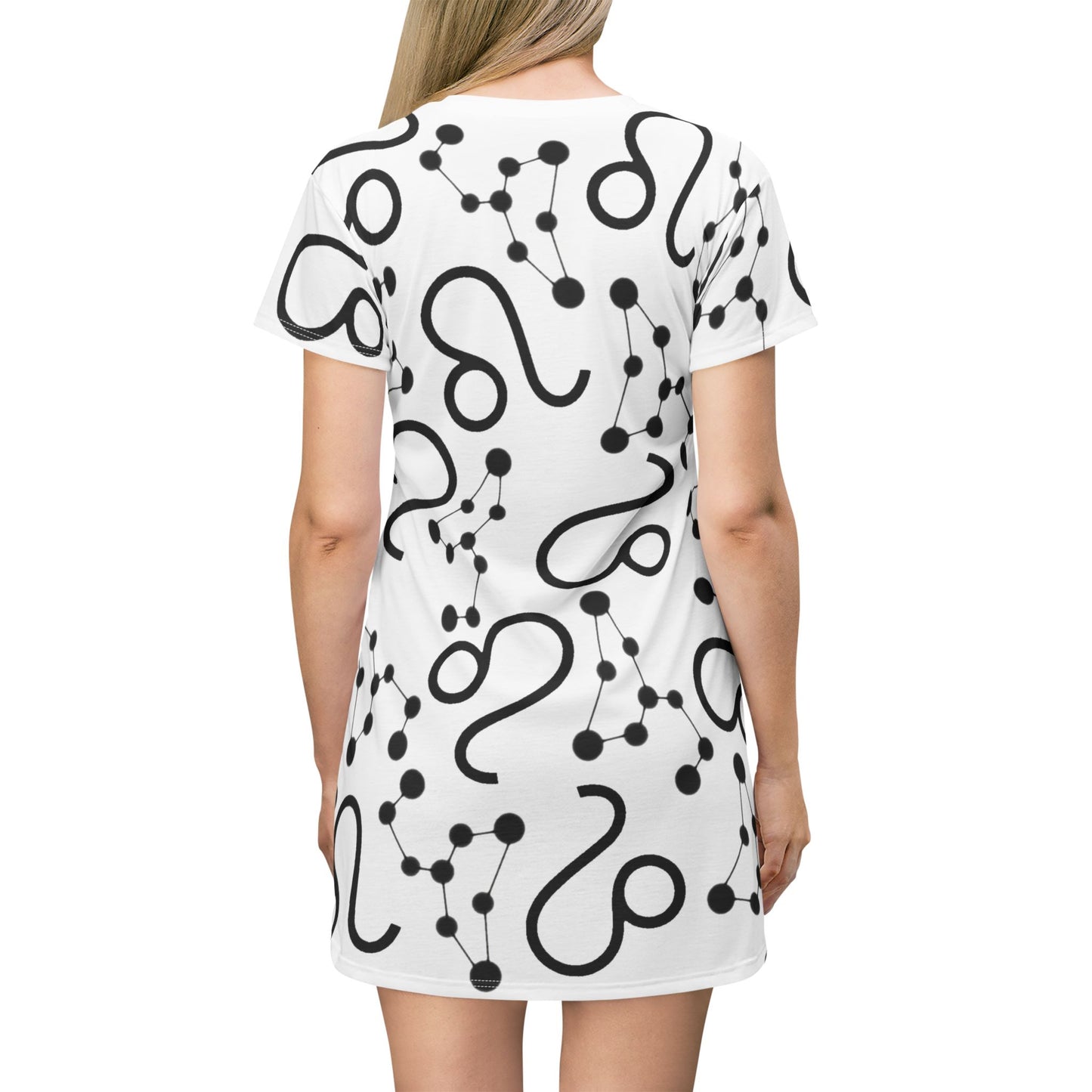 T-Shirt Dress (AOP), 100% Polyester, White thread color, Leo Zodiac design