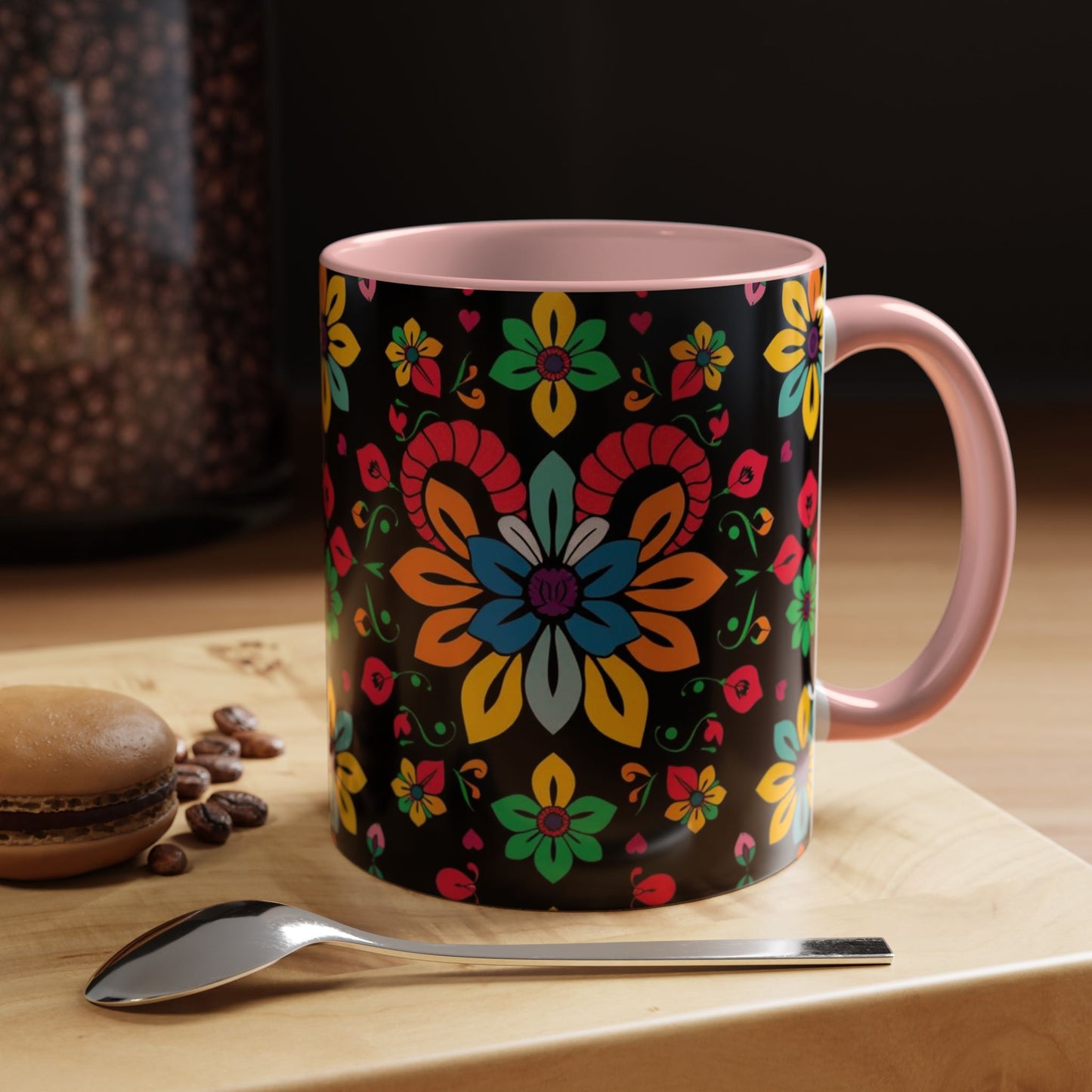 Accent Coffee Mug, Aries, Zodiac v3, Flower Pattern, (11, 15oz)