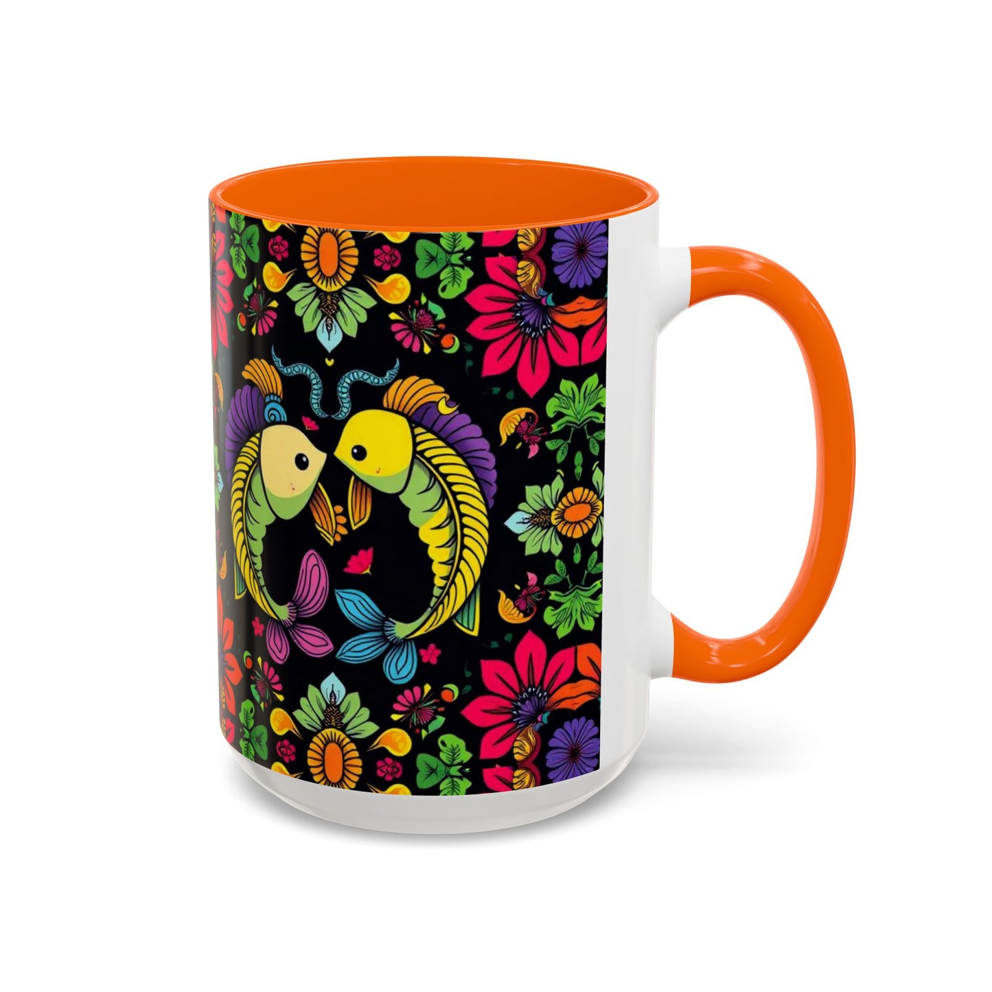 Accent Coffee Mug, Pisces, Zodiac v3, Flower Pattern, (11, 15oz)