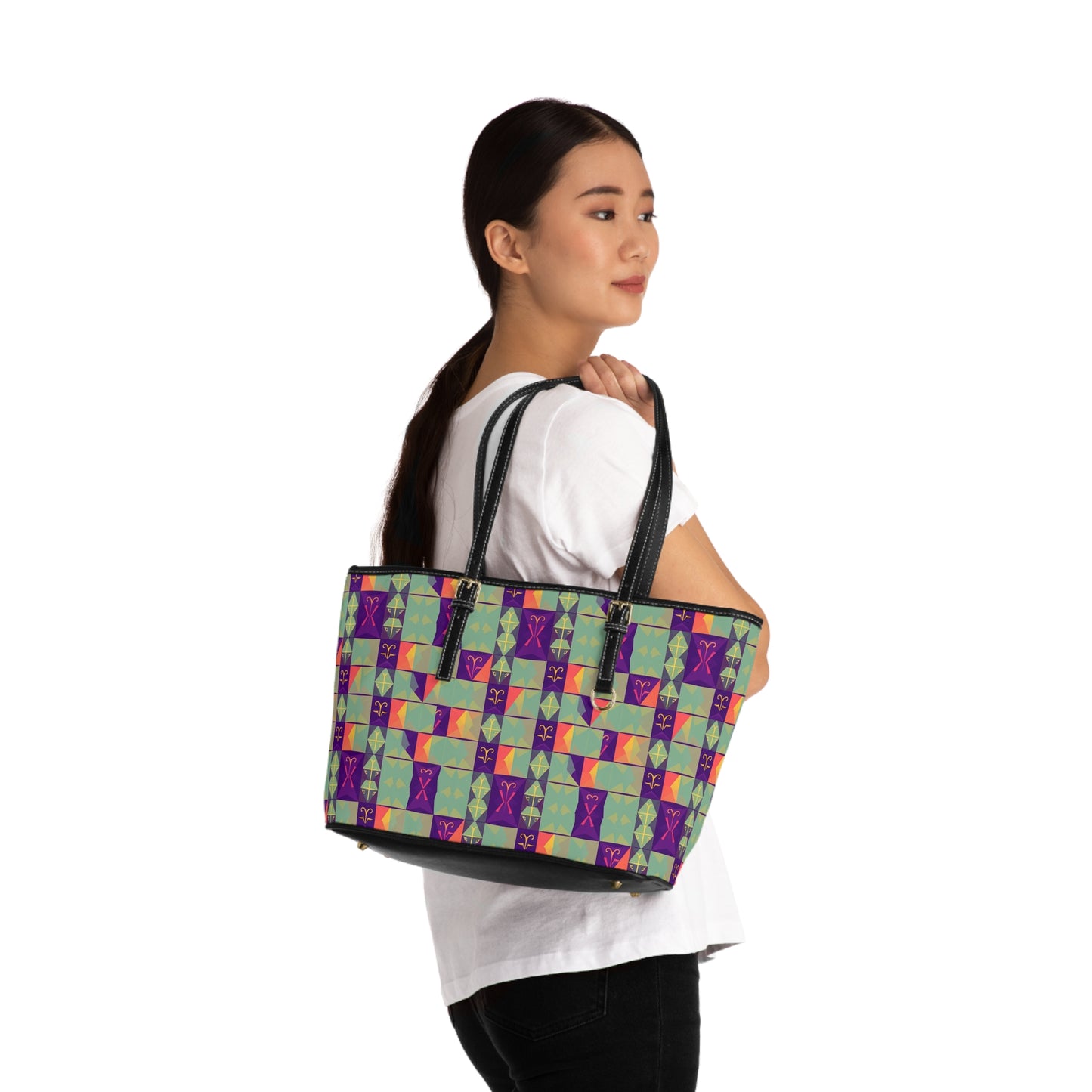 Leather Shoulder Bag, Aquarius, Zodiac v4, Shapes Pattern
