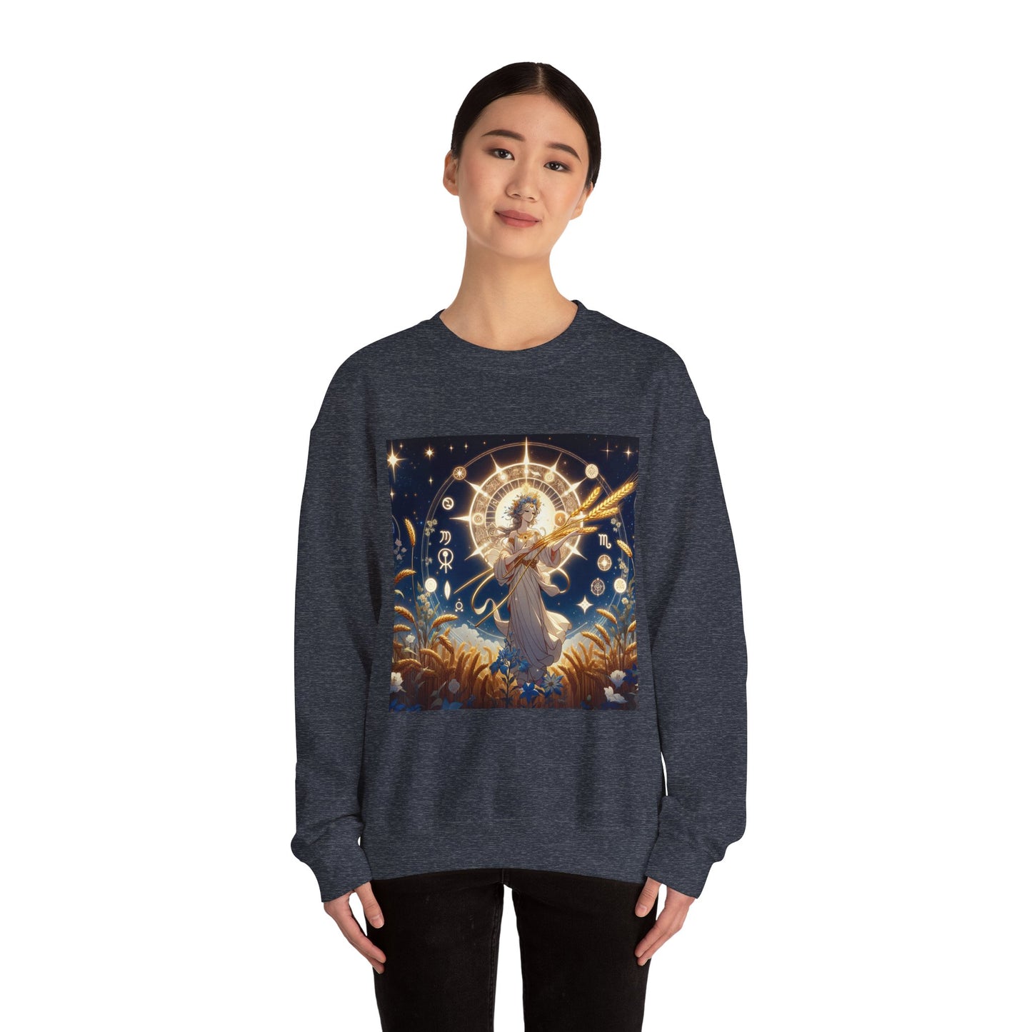 Unisex Heavy Blend™ Crewneck Sweatshirt, anime girl in wheat field, Virgo Zodiac Design