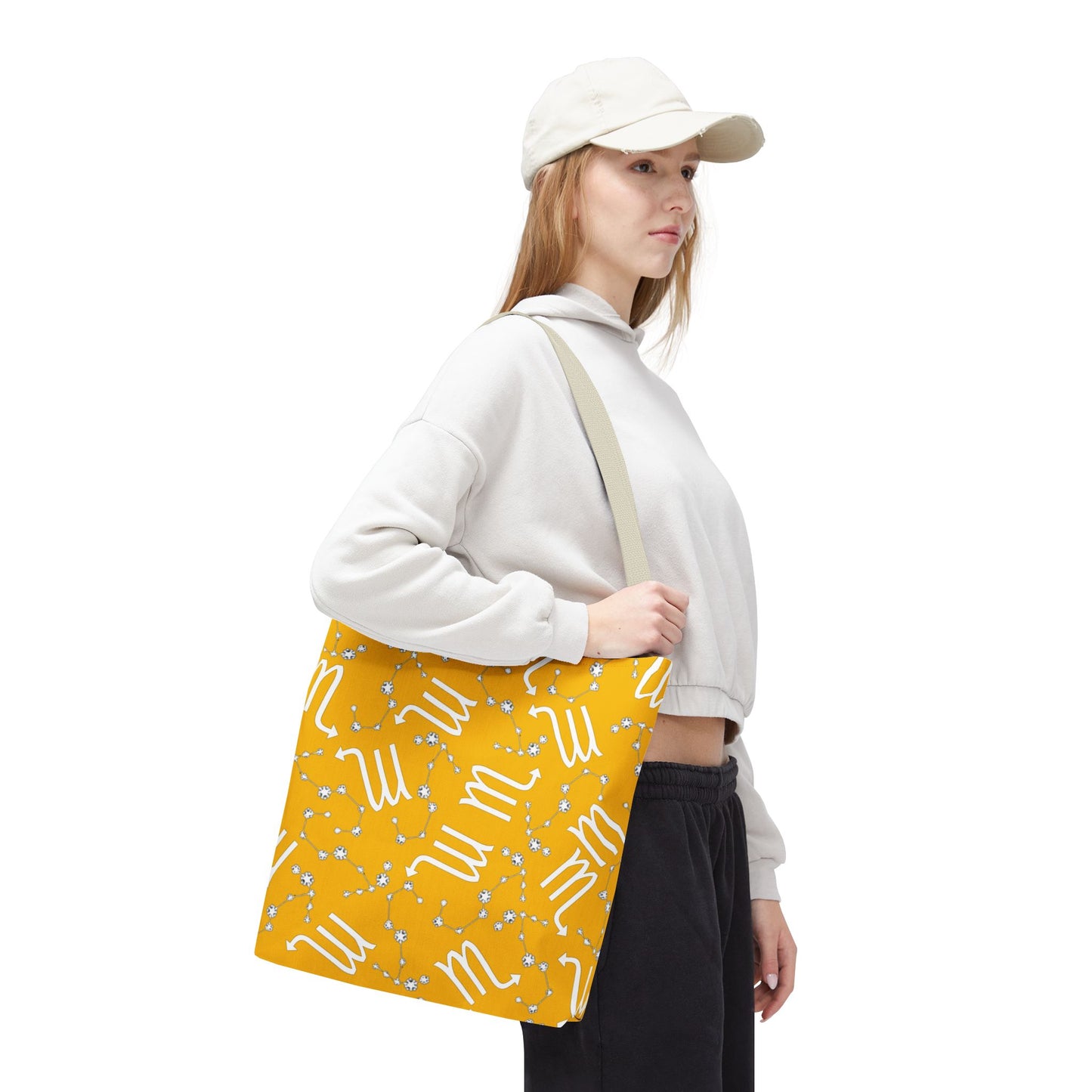Tote Bag, Scorpio Zodiac Sign, AOP, (Yellow, White)