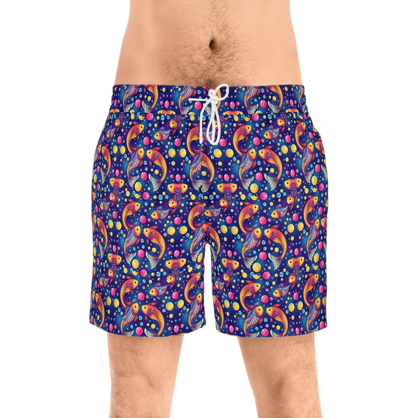 Men's Mid-Length Swim Shorts, (AOP), Pisces, Zodiac v4, Bubble Pattern