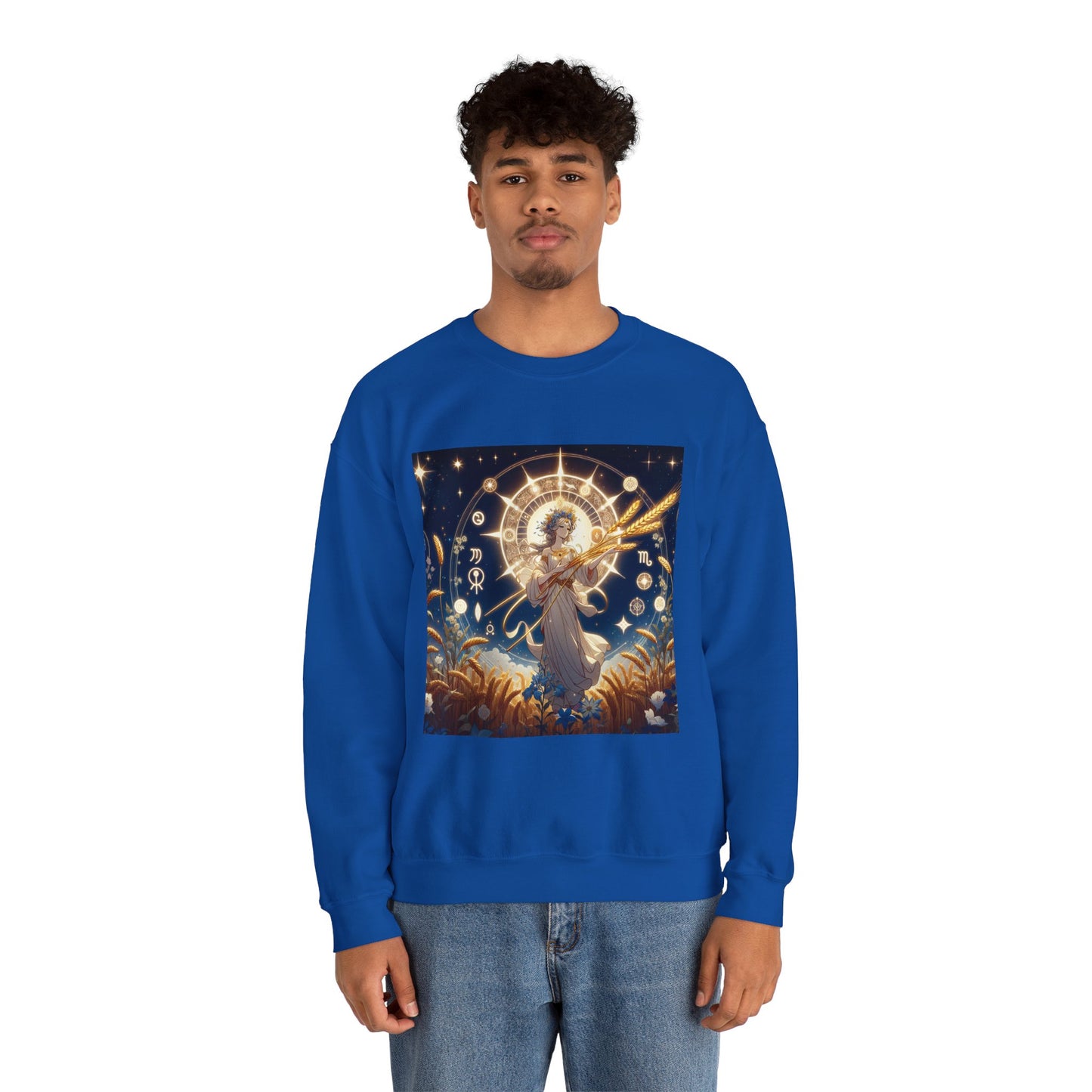 Unisex Heavy Blend™ Crewneck Sweatshirt, anime girl in wheat field, Virgo Zodiac Design