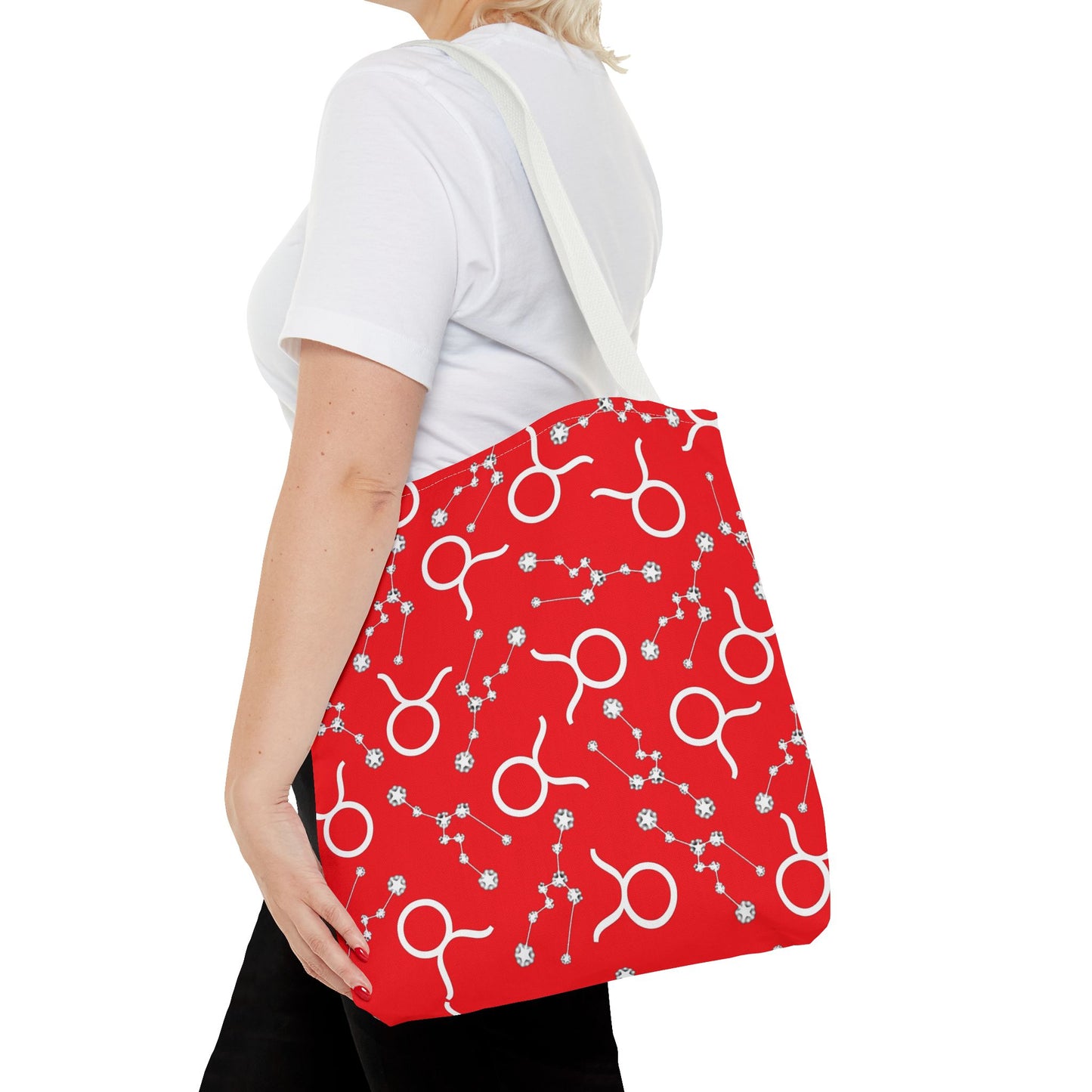 Tote Bag, Taurus Zodiac Sign, AOP, (Red, White)