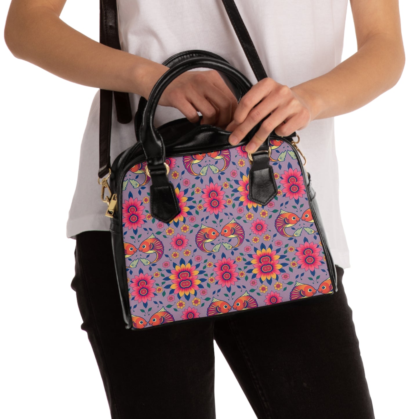 Shoulder Handbag, Pisces, Zodiac v1, Flower Pattern