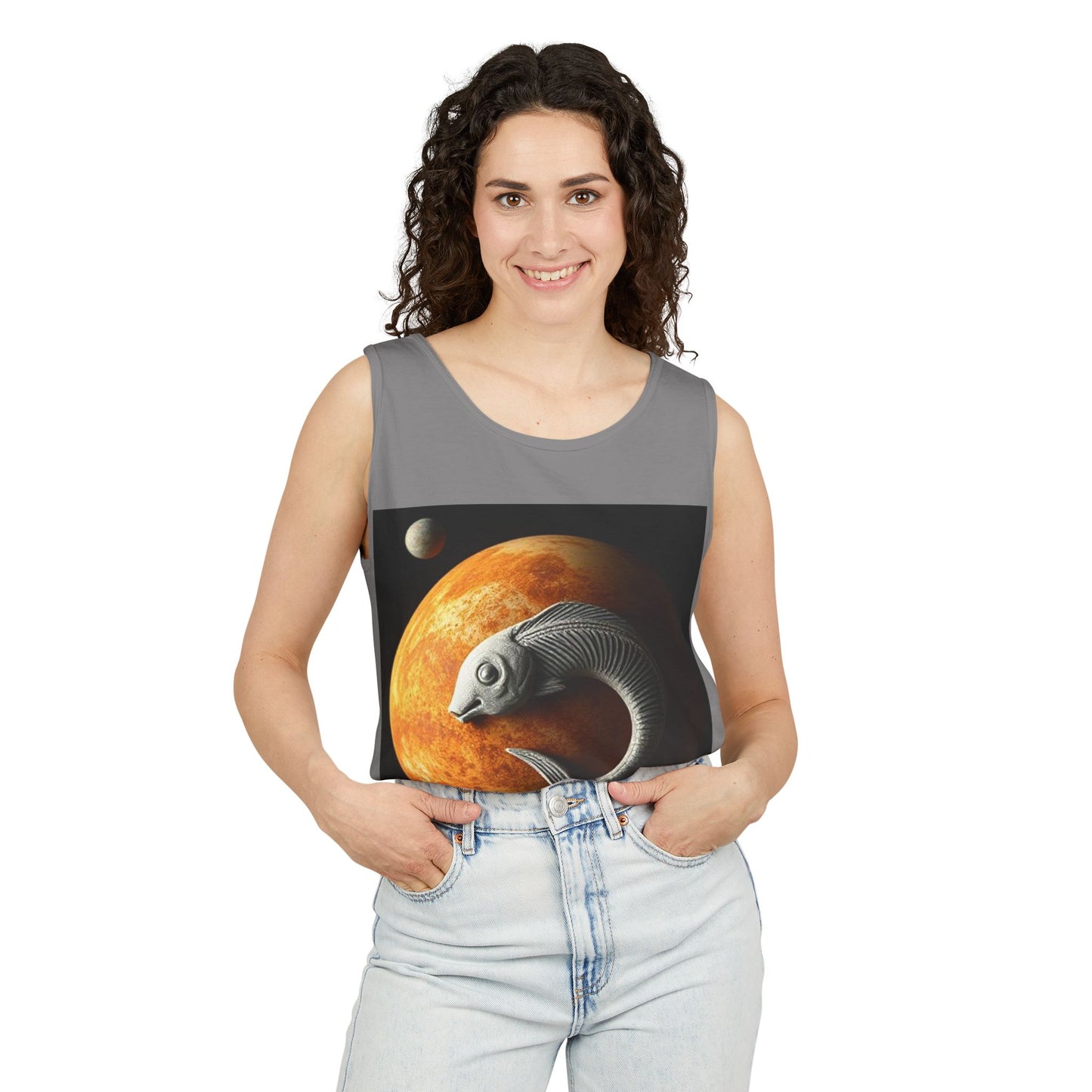 Unisex Garment-Dyed, Tank Top, Pisces Design, Space Animal, 100% US cotton