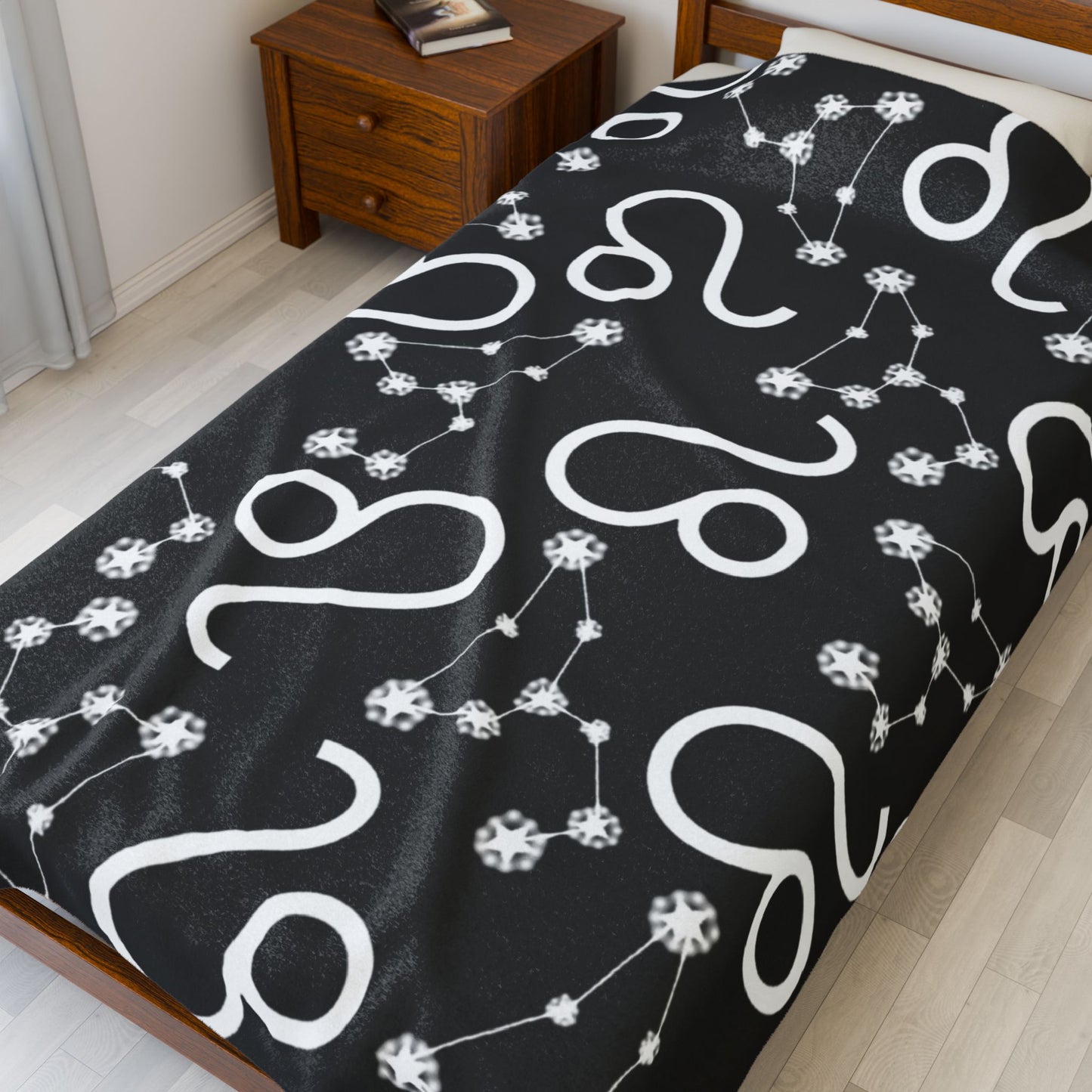 Velveteen Plush Blanket, Leo Zodiac Sign, Constellation & Symbol, Black, 100% polyester