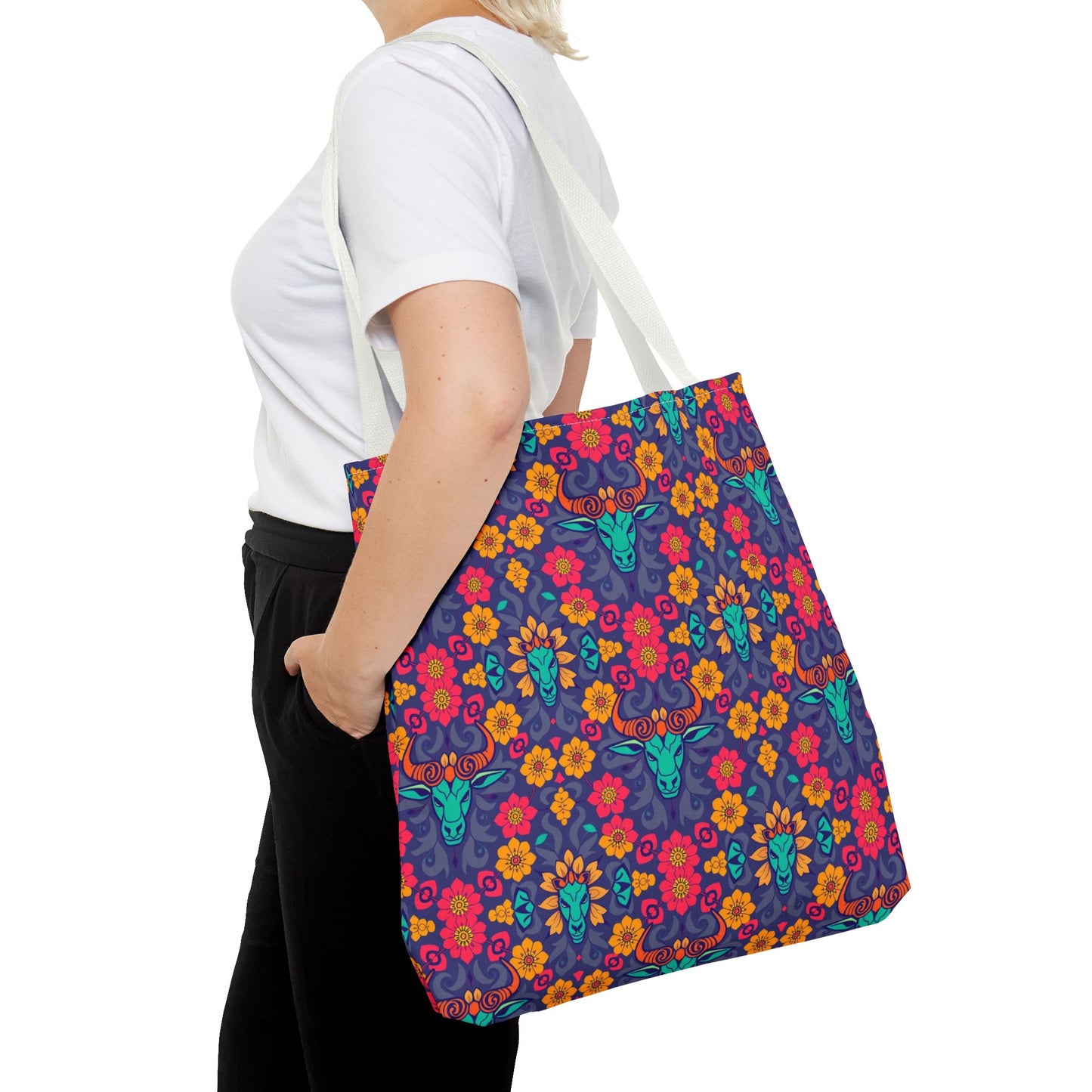 Tote Bag, (AOP), Taurus, Zodiac v1, Flower Pattern