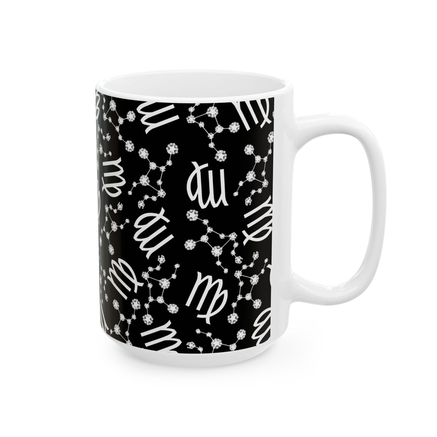 Ceramic Mug, (11oz, 15oz), Ceramic Coffee Mug, Black AOP, Virgo Zodiac Design