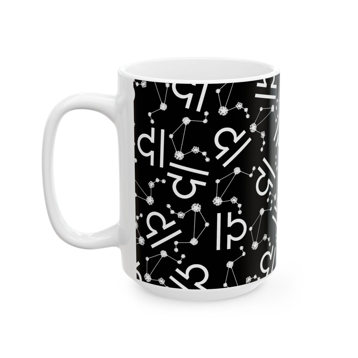 Ceramic Mug, (11oz, 15oz), Ceramic Coffee Mug, Black AOP, Libra Zodiac Design