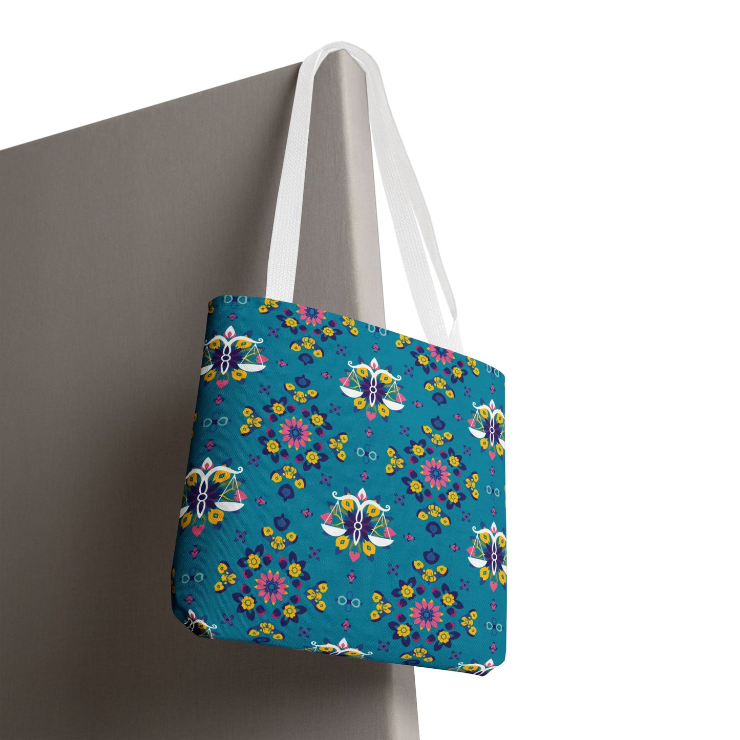 Tote Bag (AOP), Libra, Zodiac v1, Flower Pattern