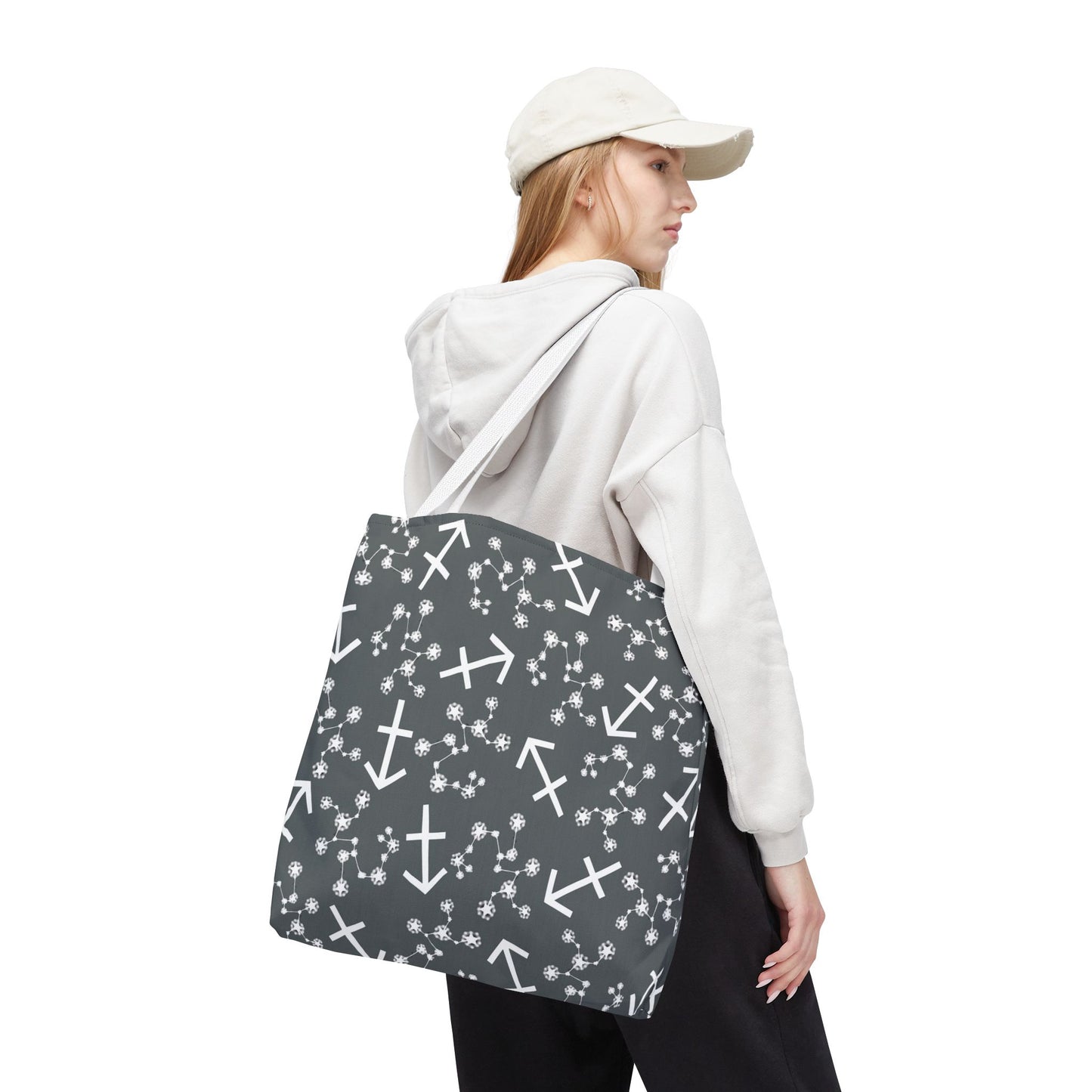 Tote Bag, Sagittarius Zodiac Sign, AOP, (Grey, White Print)