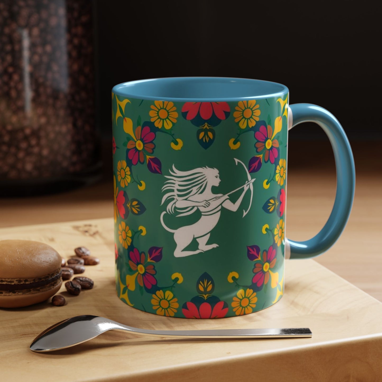 Accent Coffee Mug, Sagittarius, Zodiac. Flower Pattern, (11, 15oz)