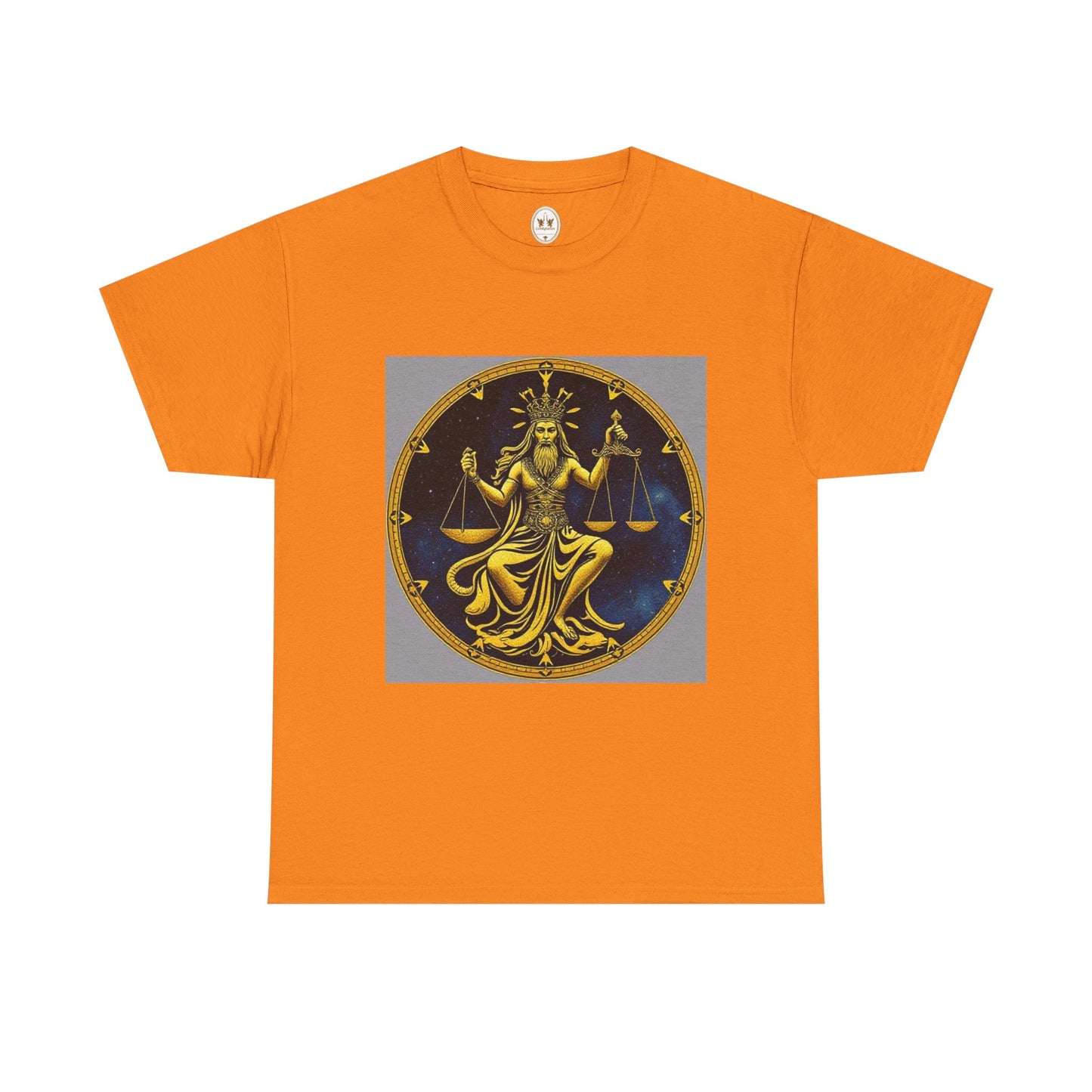Unisex Heavy Cotton T-Shirt, Gold v1, Libra God, Zodiac Design