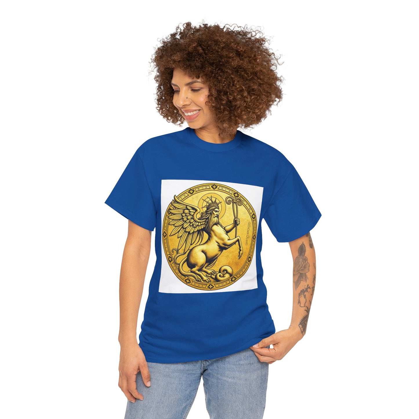 Unisex Heavy Cotton T-Shirt, Golden Angel Coin v1, Virgo Zodiac Design
