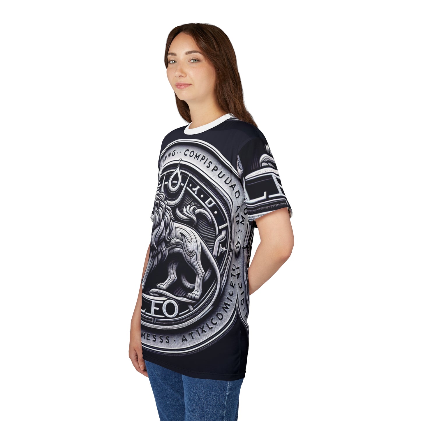 Unisex Cut & Sew T-Shirt (AOP), Lion Coin, Leo Zodiac Design, Regular fit, 100% Polyester