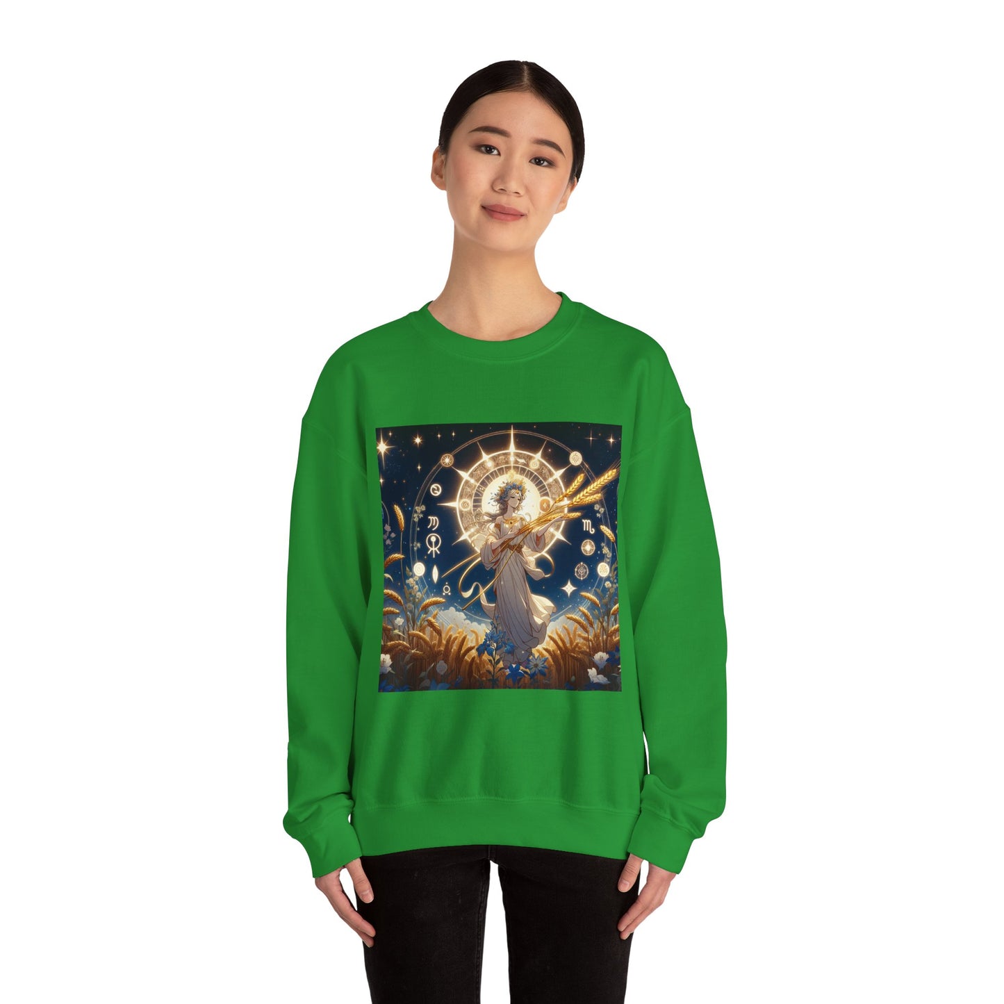 Unisex Heavy Blend™ Crewneck Sweatshirt, anime girl in wheat field, Virgo Zodiac Design