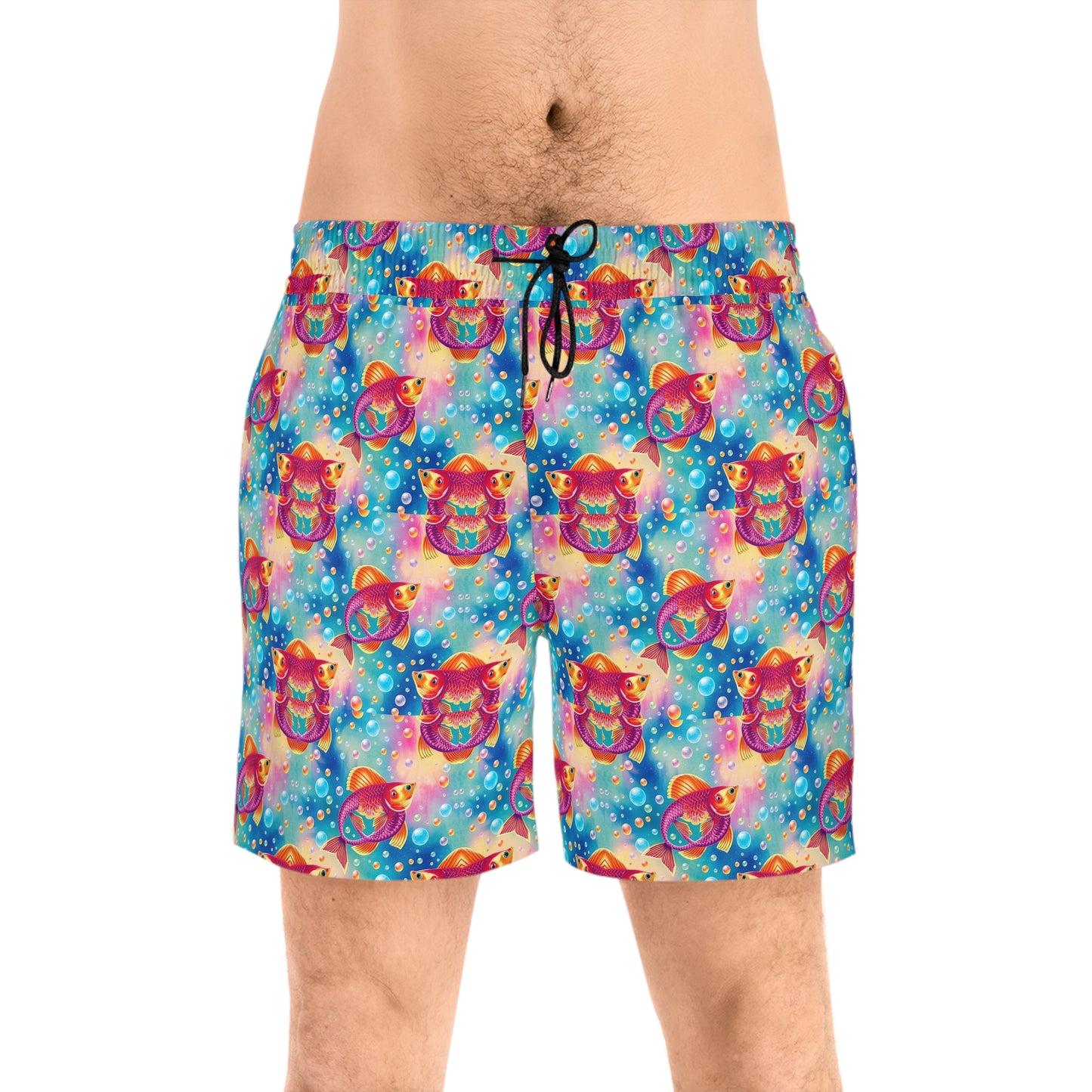 Men's Mid-Length Swim Shorts, (AOP), Pisces, Zodiac v3, Bubble Pattern